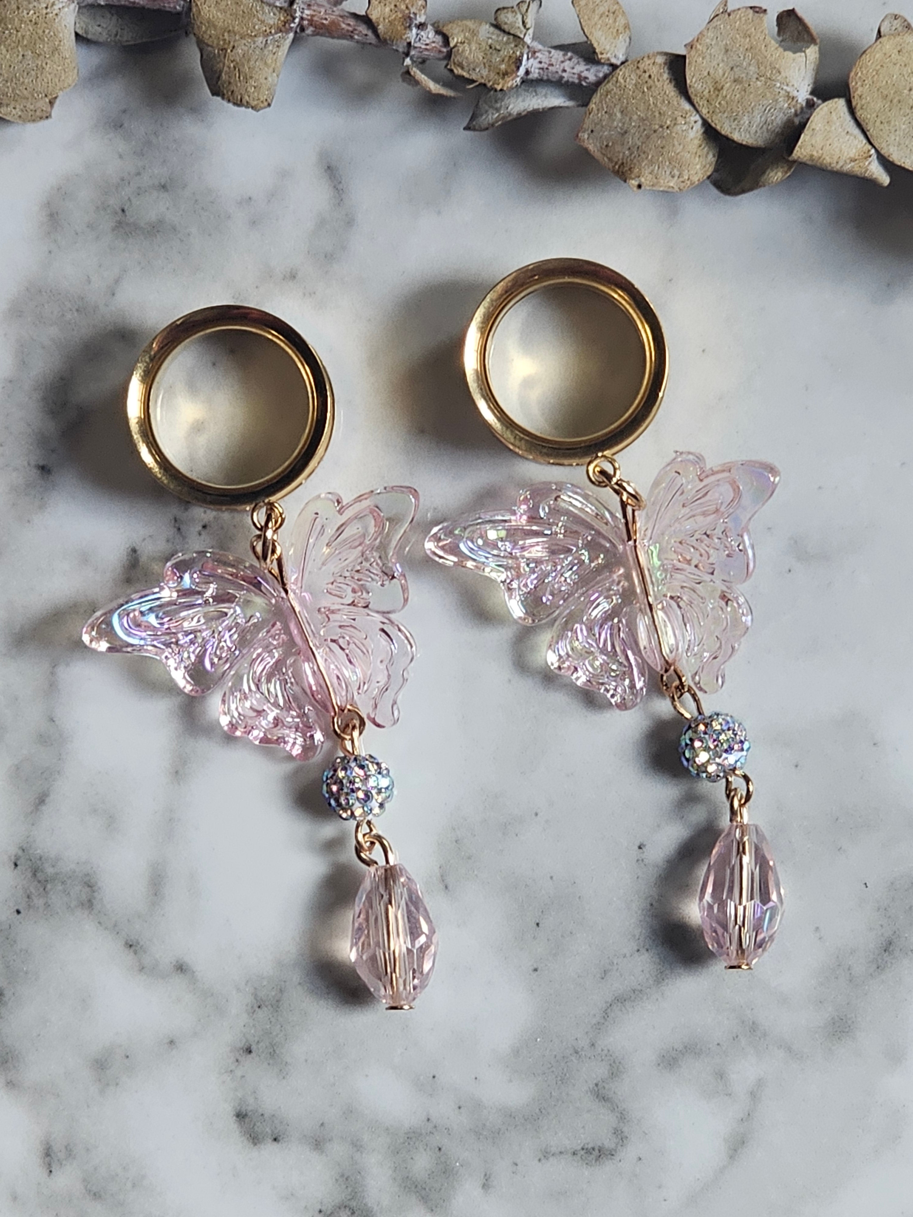 Pink butterfly dangle gauges