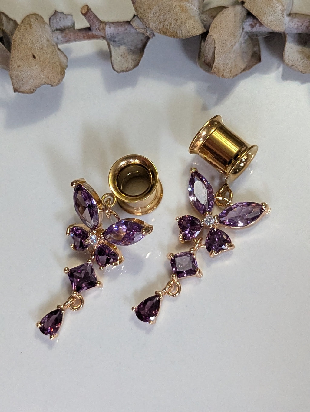 Crystal butterfly dangle gauges