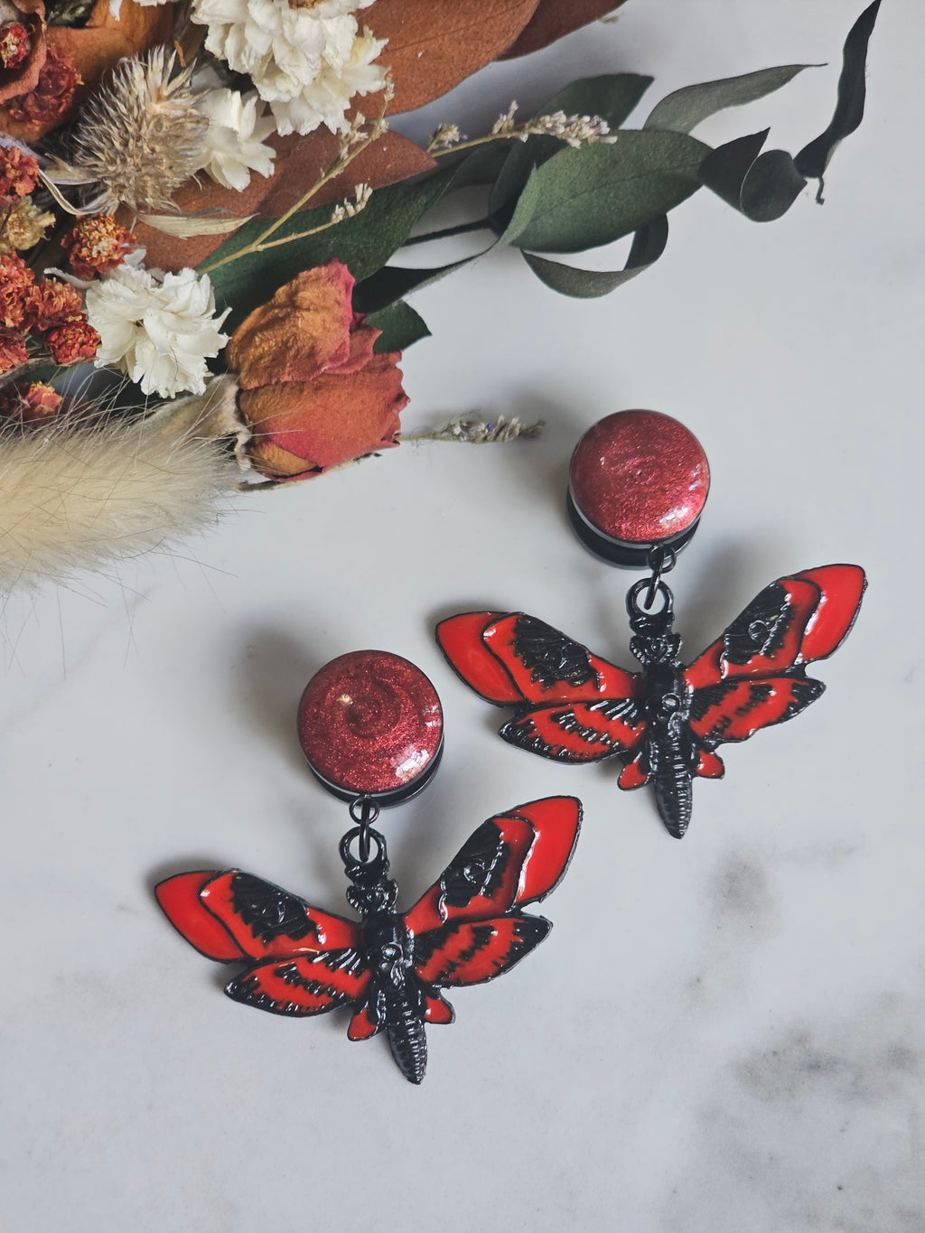 Black and Red death moth dangles gauges