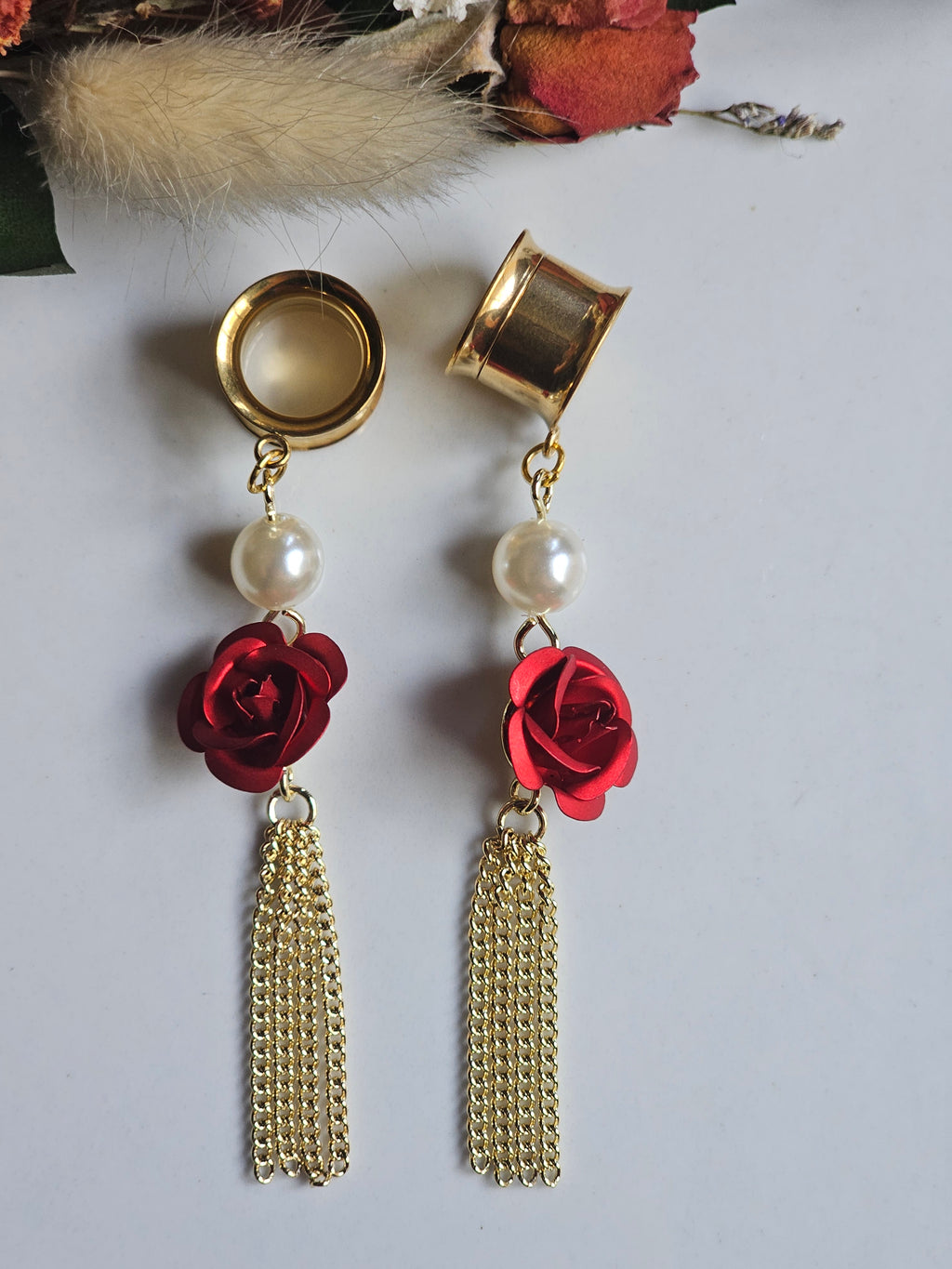 Red Rose and pearl dangle gauges