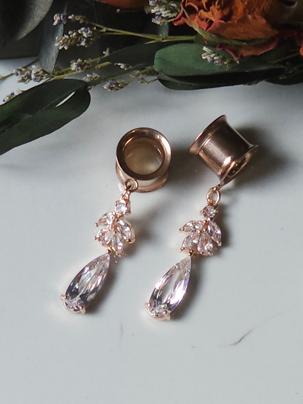 Rose Gold Crystal drop dangle gauges