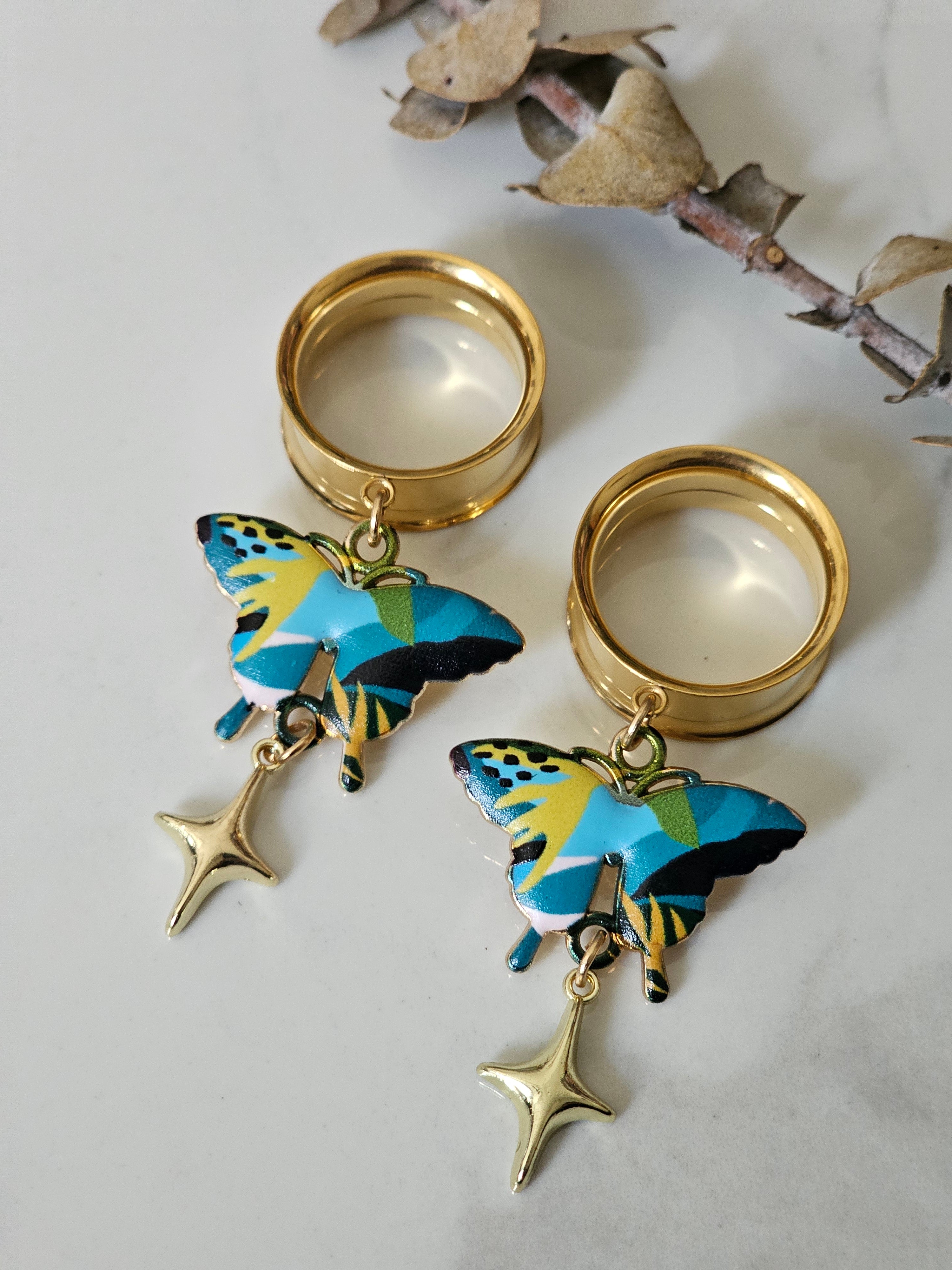 Blue butterfly dangle gauges
