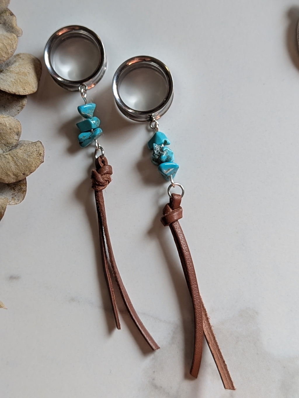 Turquoise and leather dangle gauges