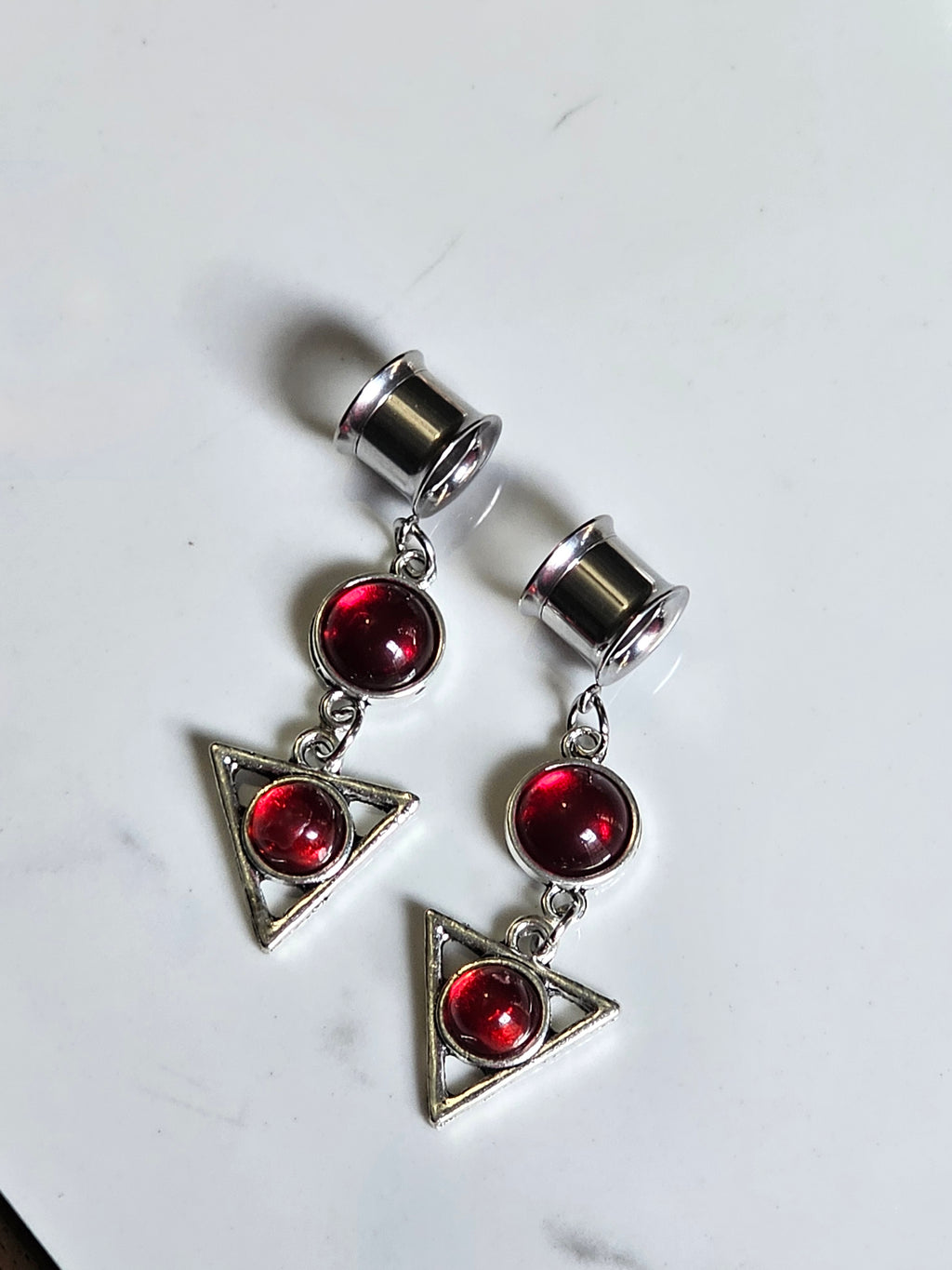 Red Gothic triangle dangle gauges