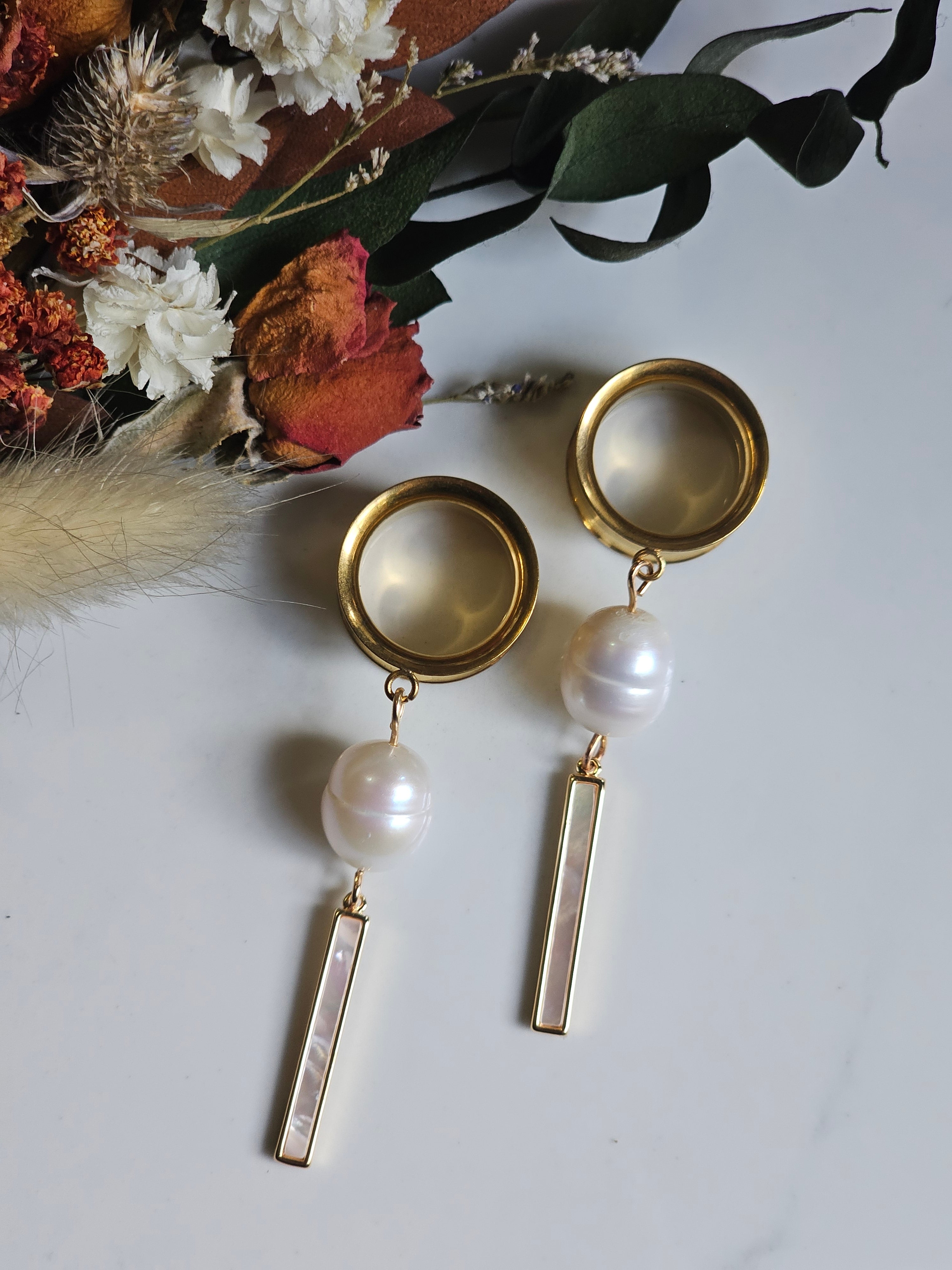 Golden Freshwater pearl  dangle gauges