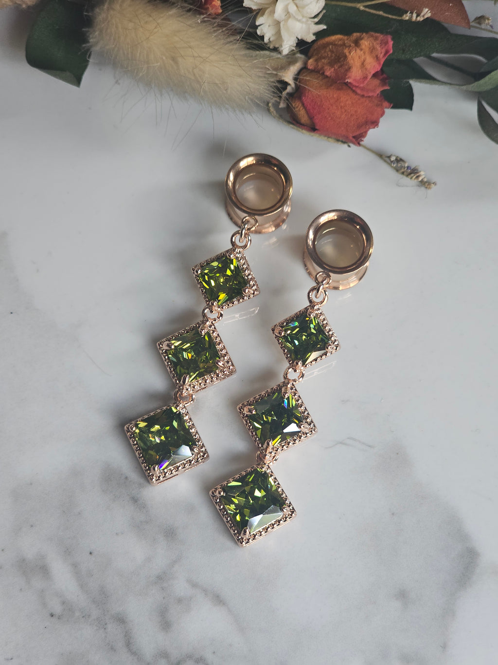 Rose Gold and Olive dangle gauges