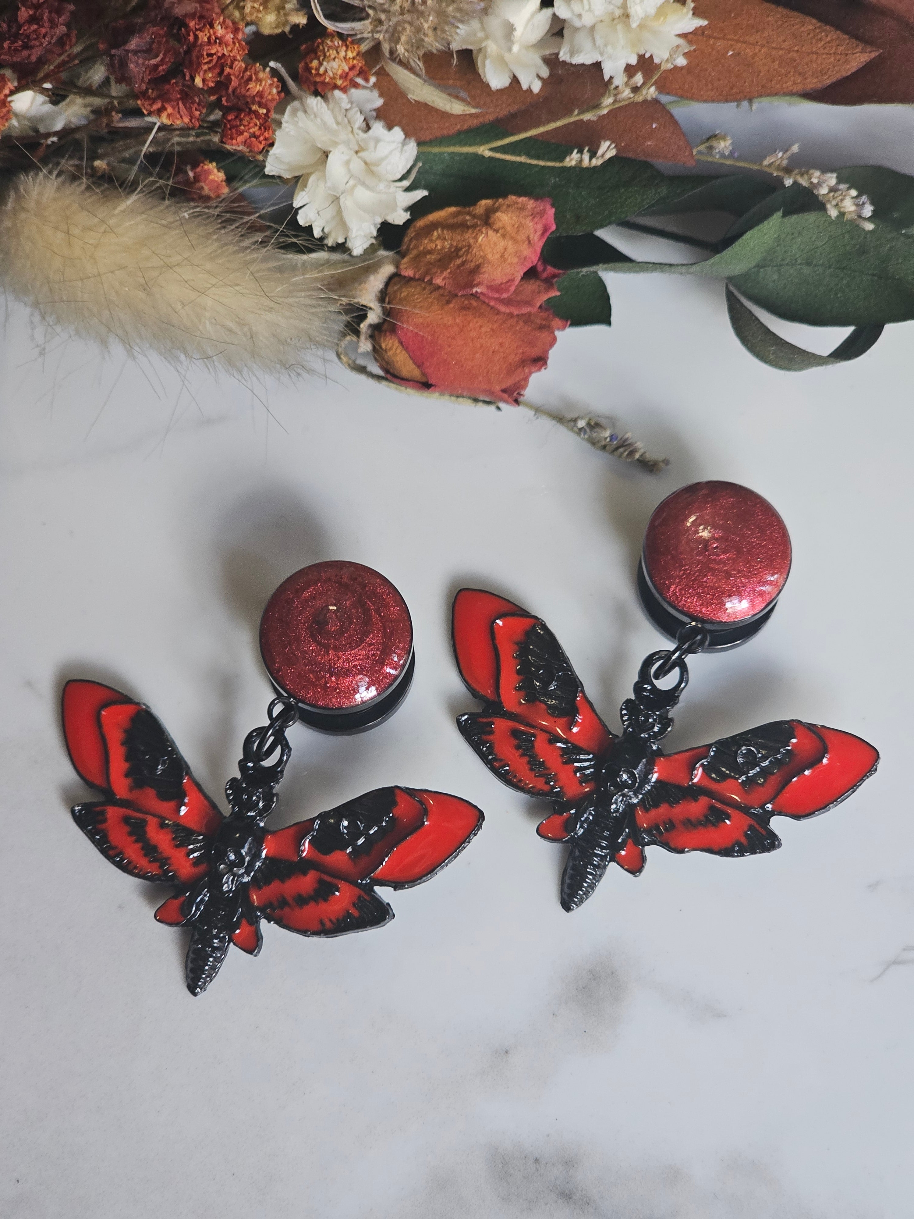 Black and Red death moth dangles gauges