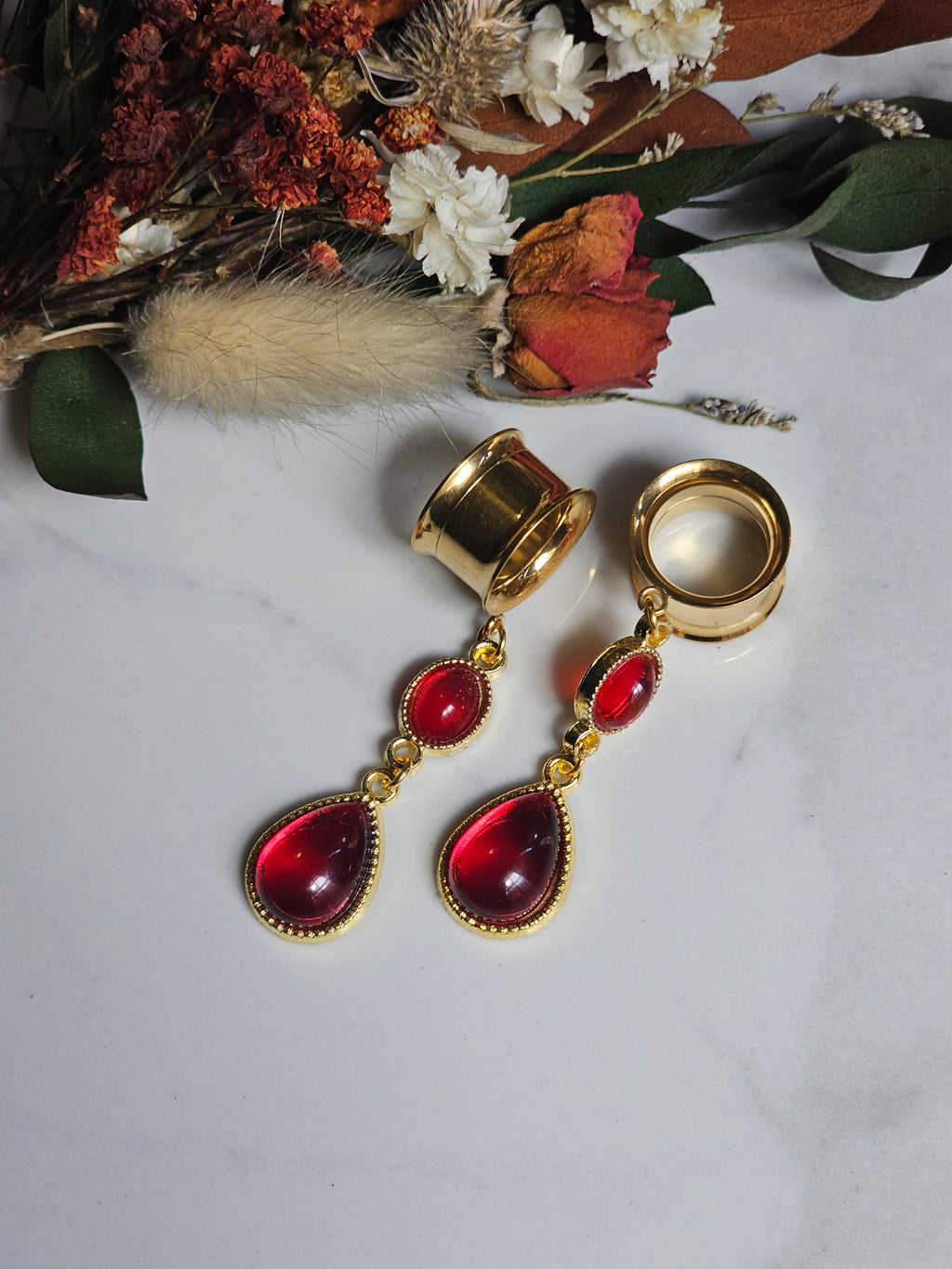 Red Gold Gothic Dangle Gauges