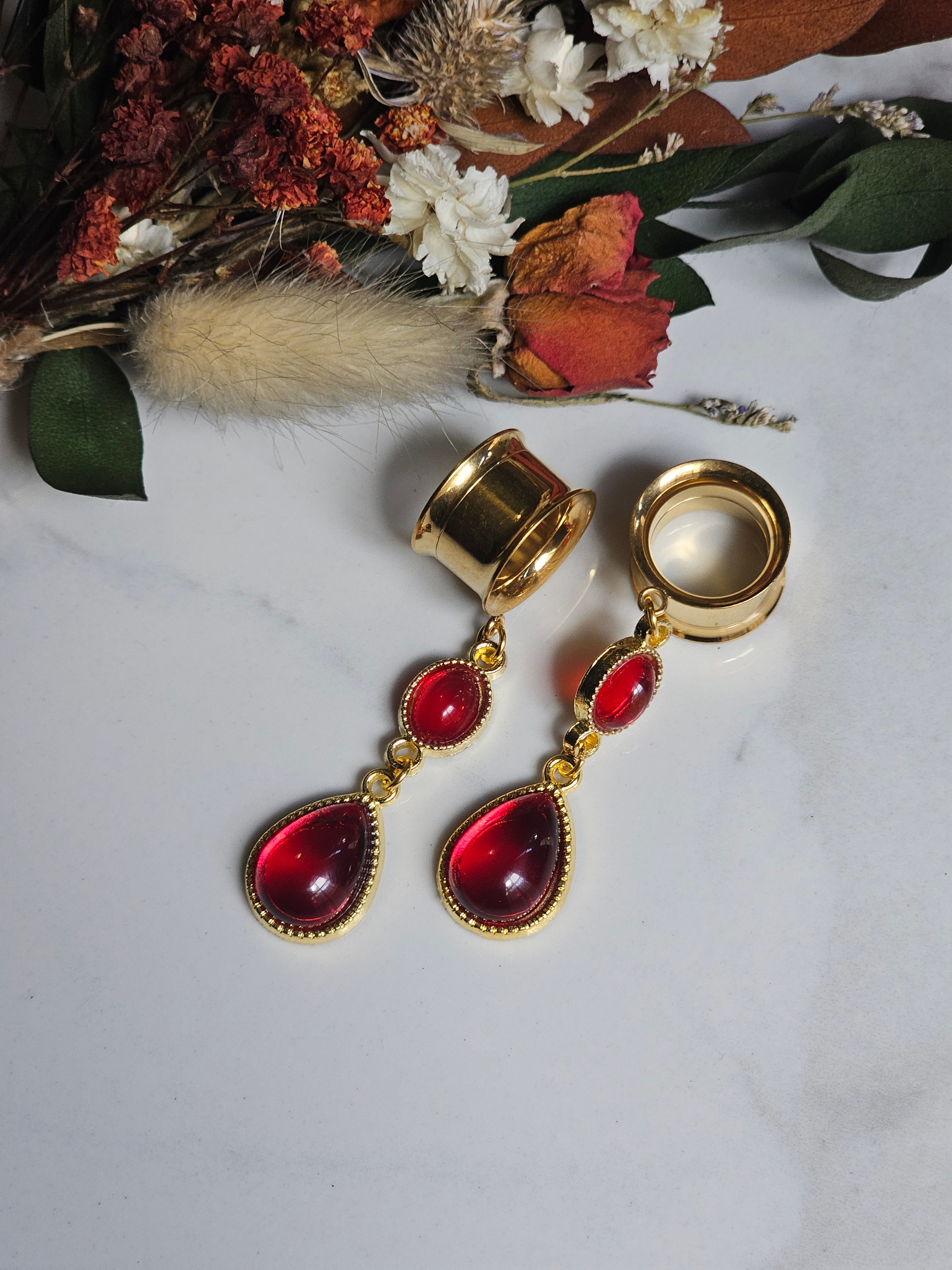 Red Gold Gothic Dangle Gauges