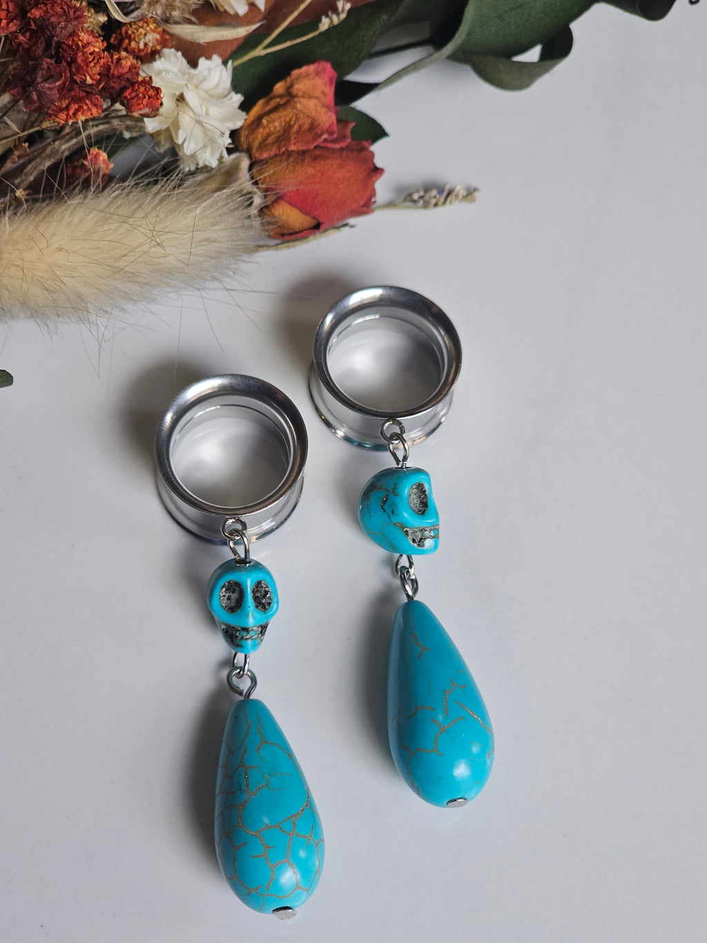 Skull Turquoise drop dangle gauges