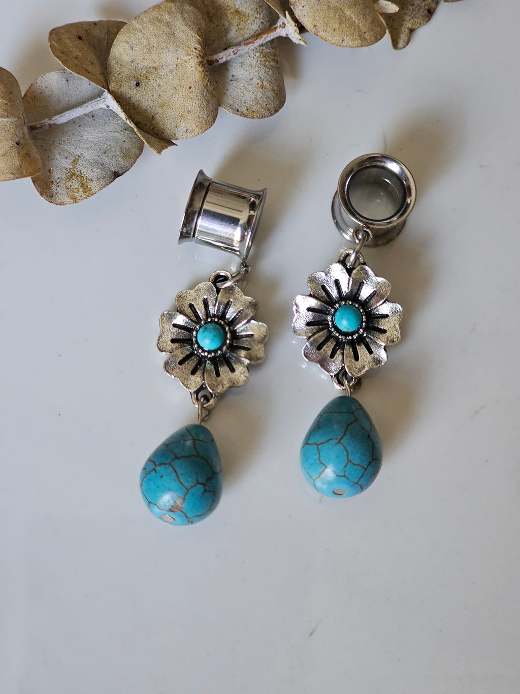 Floral Turquoise drop dangle gauges