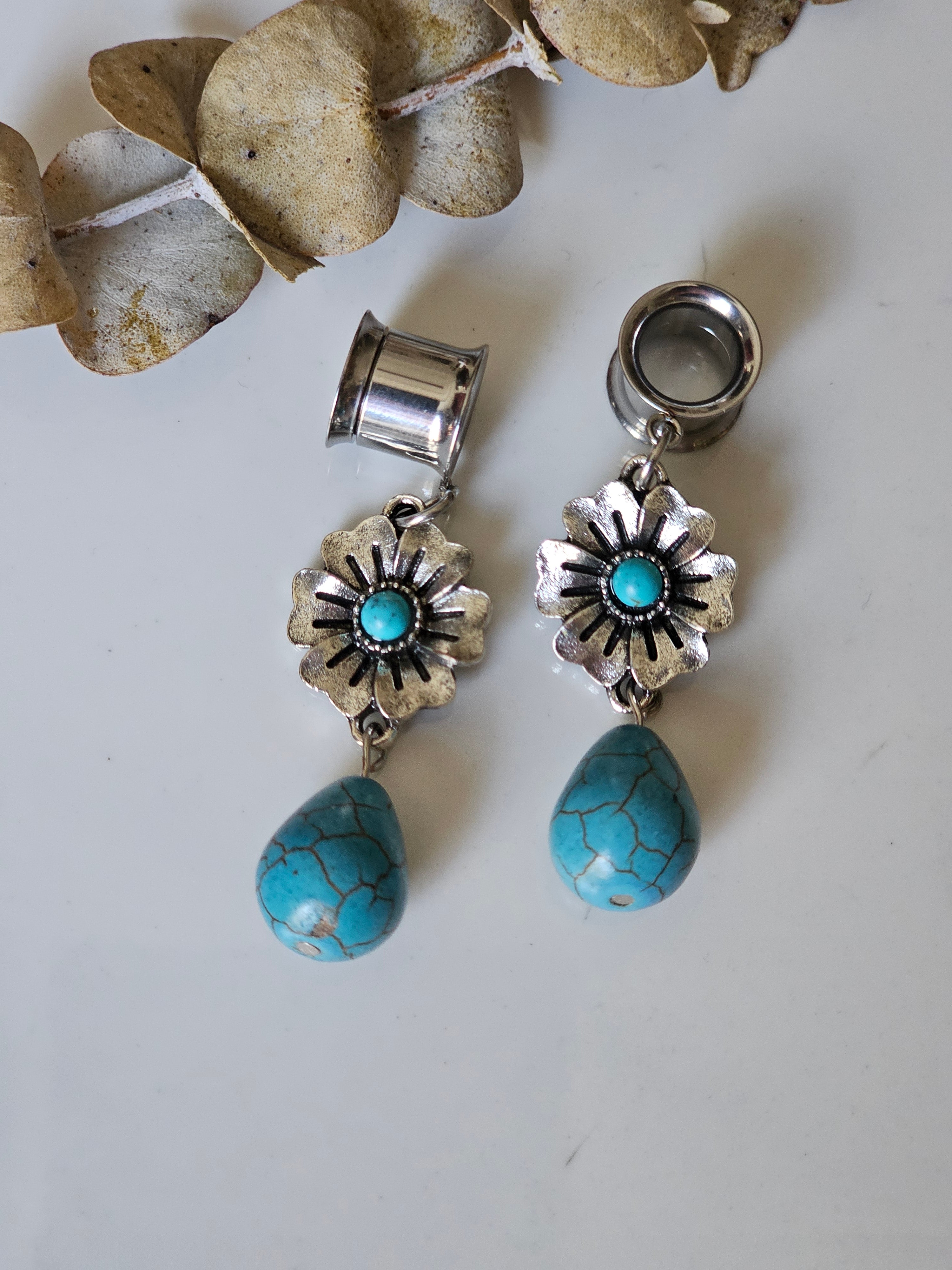 Floral Turquoise drop dangle gauges