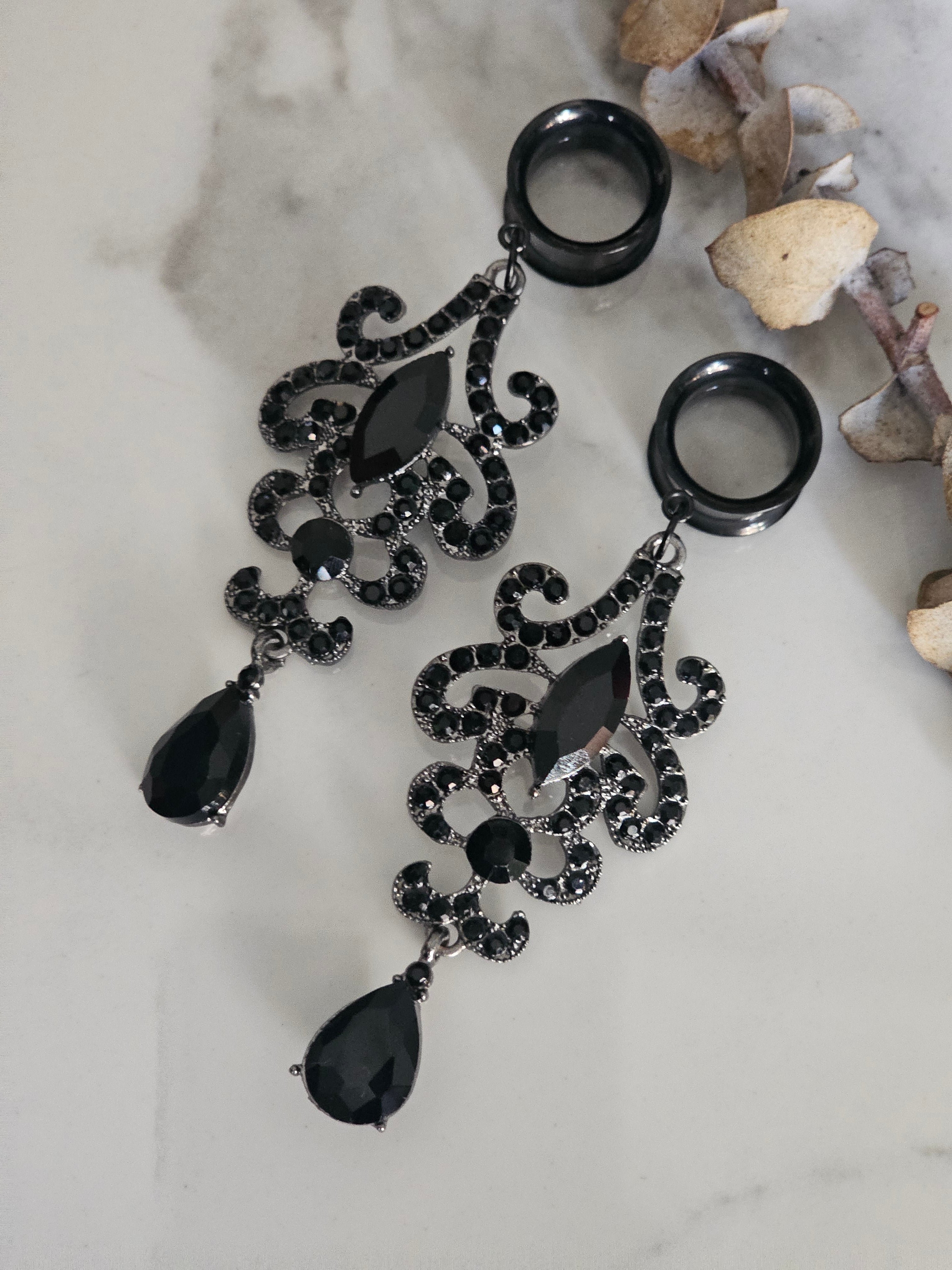 Victorian Black crystal Bridal Dangle Gauges