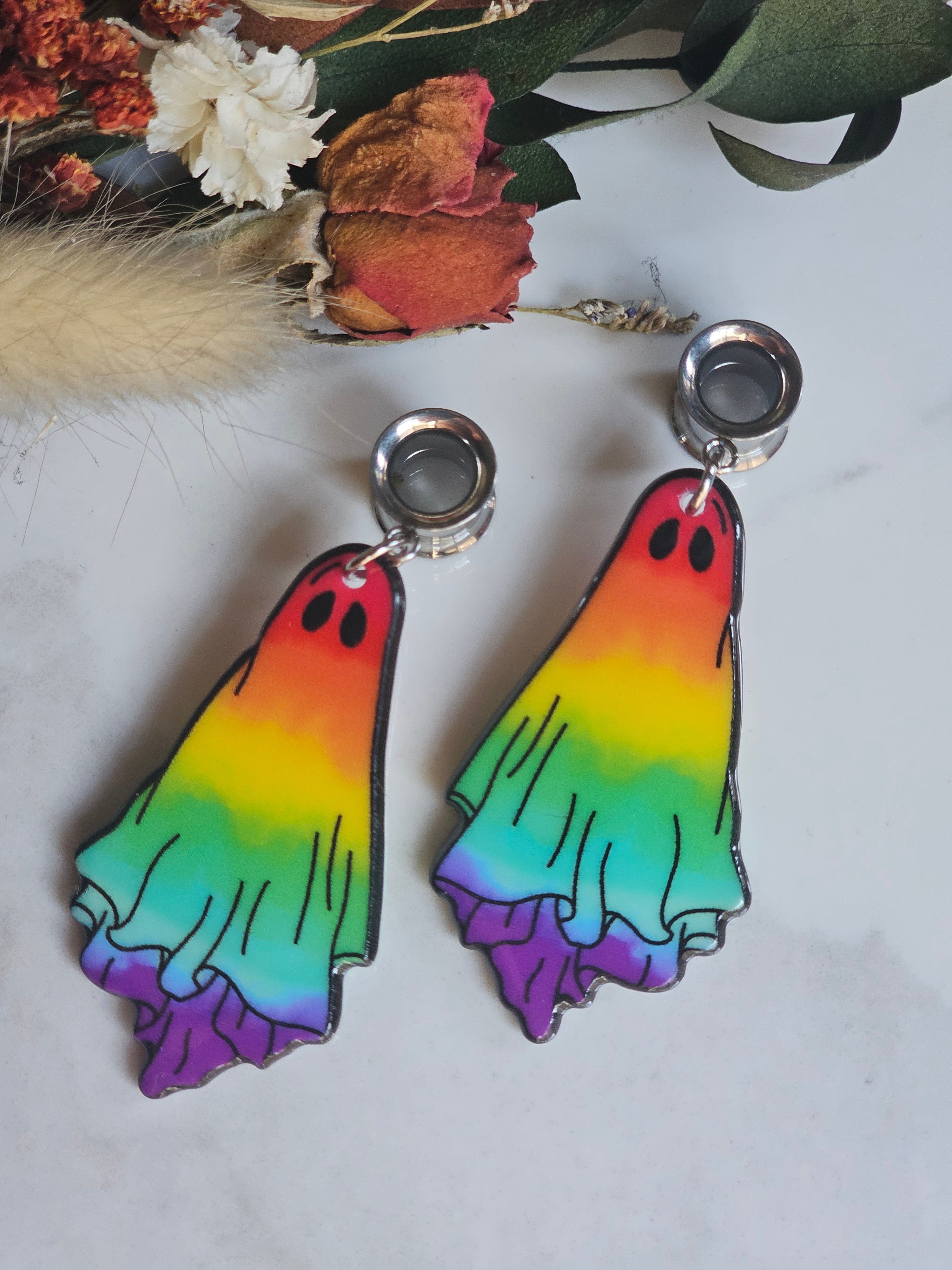 Multicolored Ghost Halloween dangle gauges