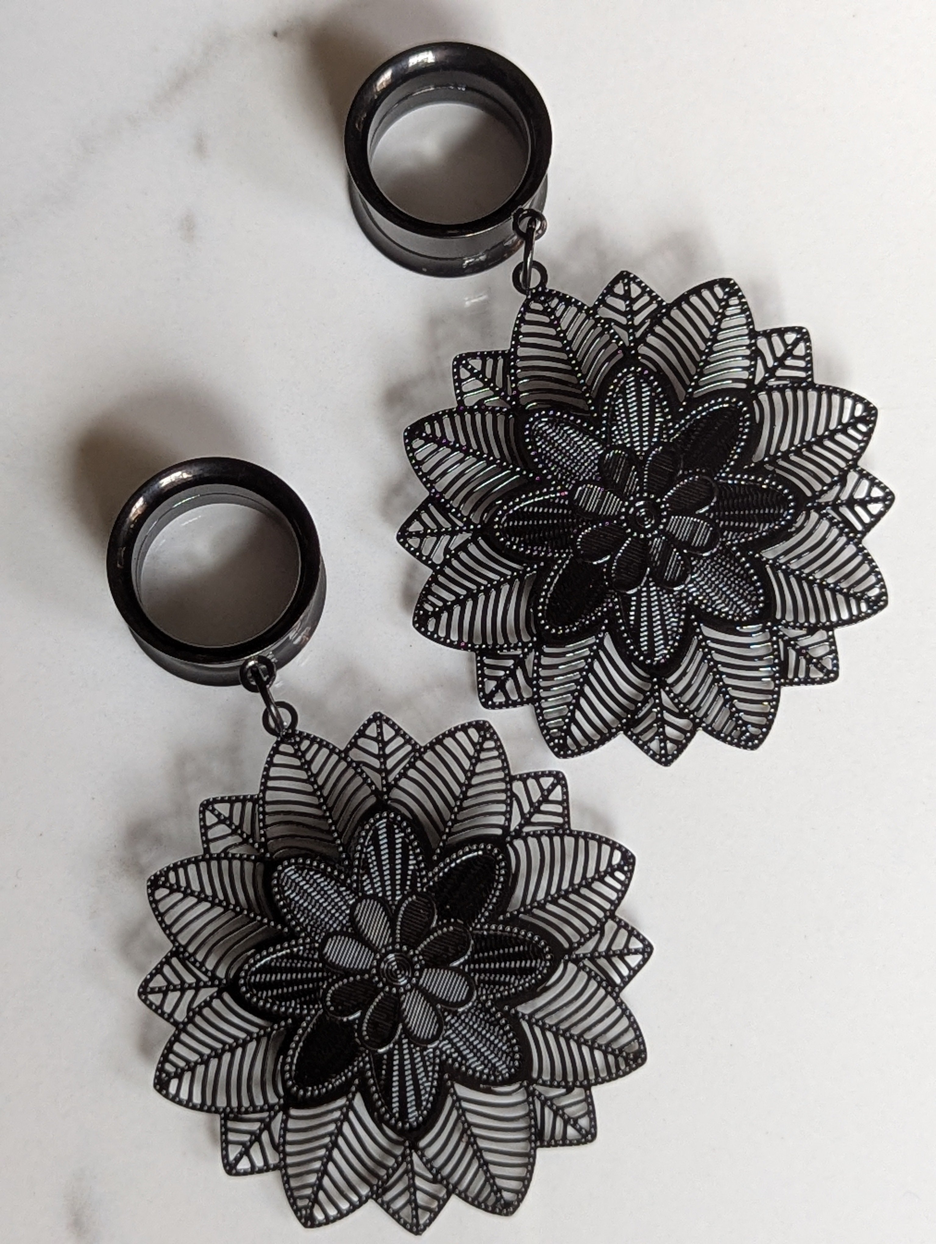 Black floral dangle gauges