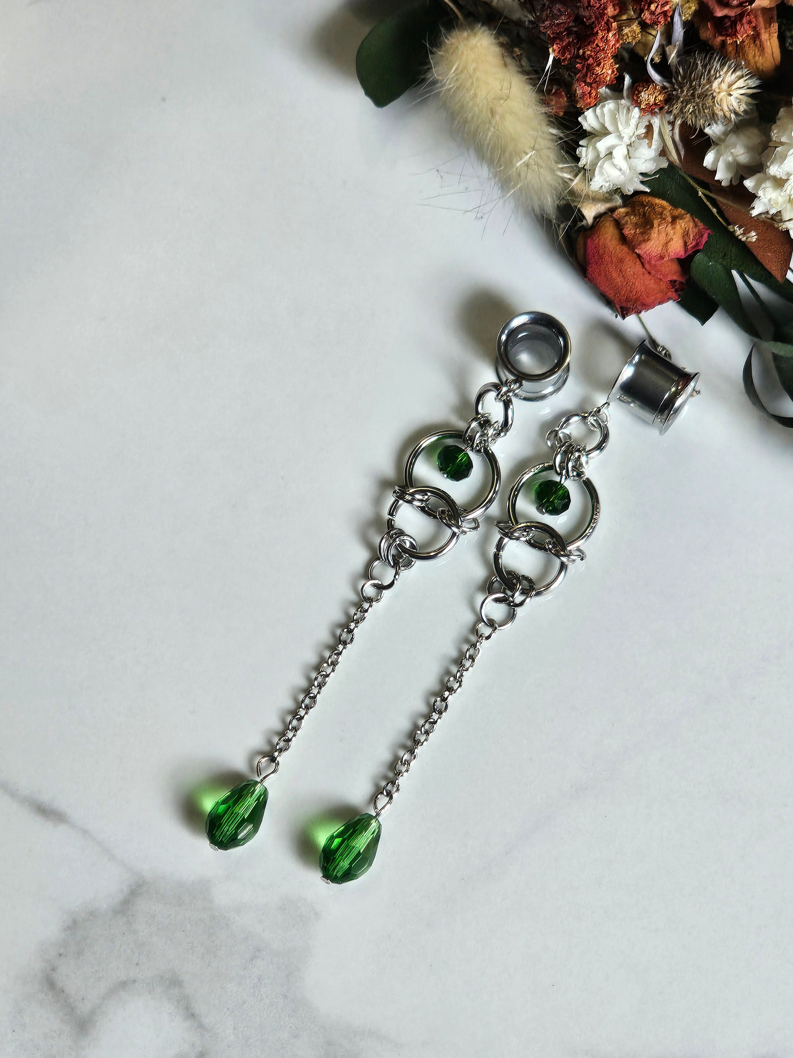 Teardrop green dangle gauges