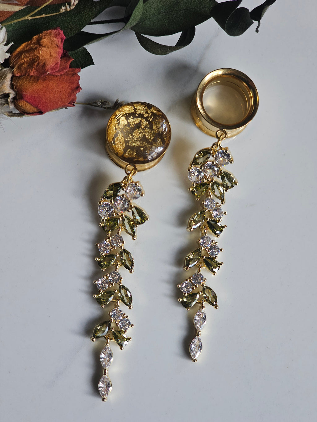 Beautiful Gold and Olive Crystal Bridal Dangle Gauges