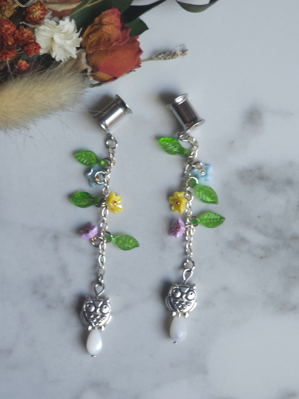 Floral owl dangle plugs dangle gauges