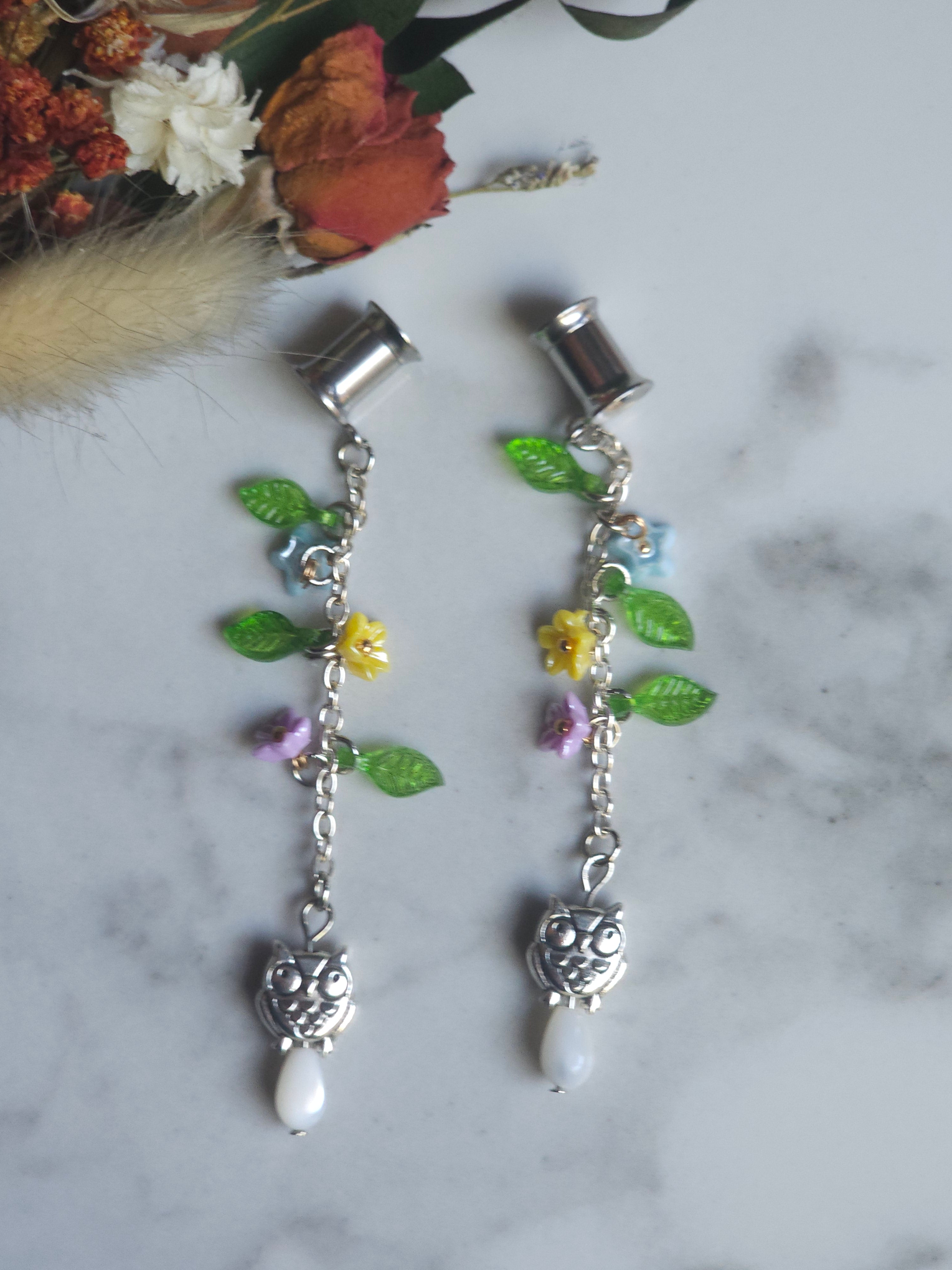 Floral owl dangle plugs dangle gauges