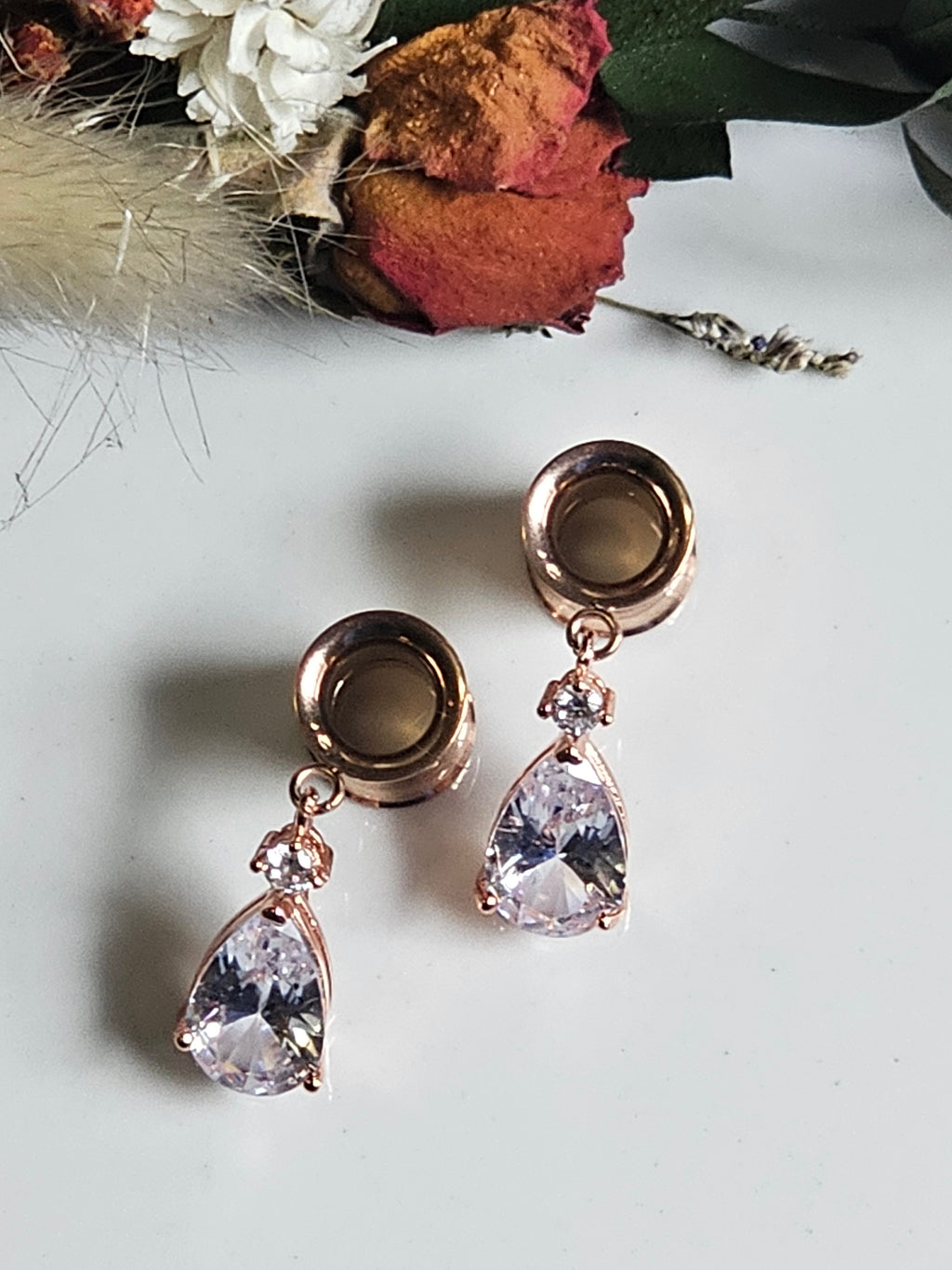 Rose Gold crystal drop bridal dangle gauges
