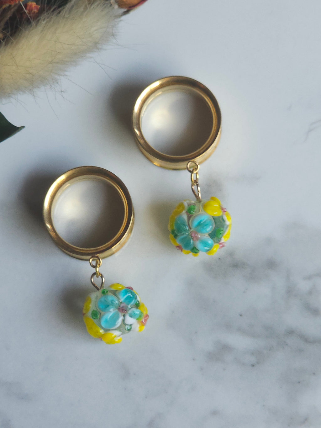Floral lampwork dangle plugs