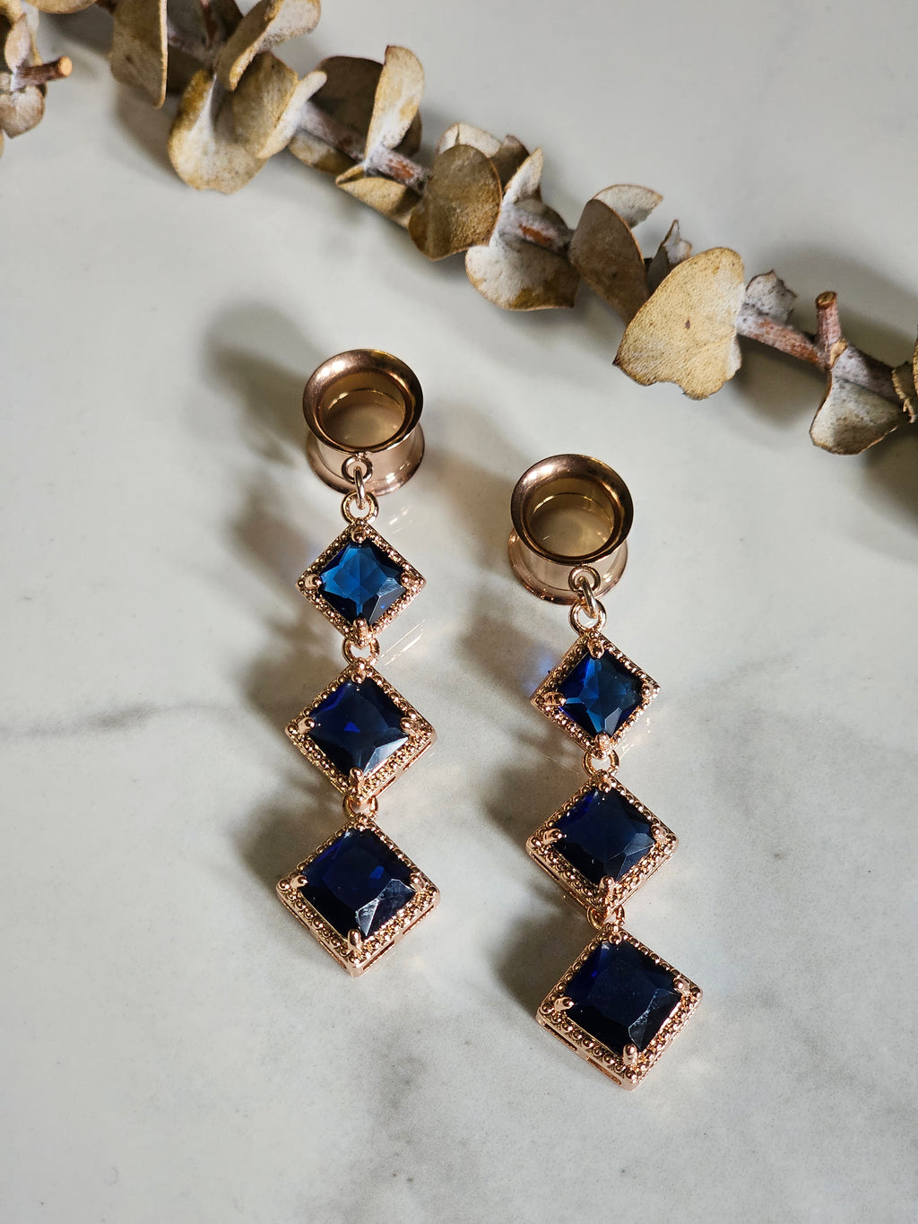 Rose Gold Dark blue dangle gauges