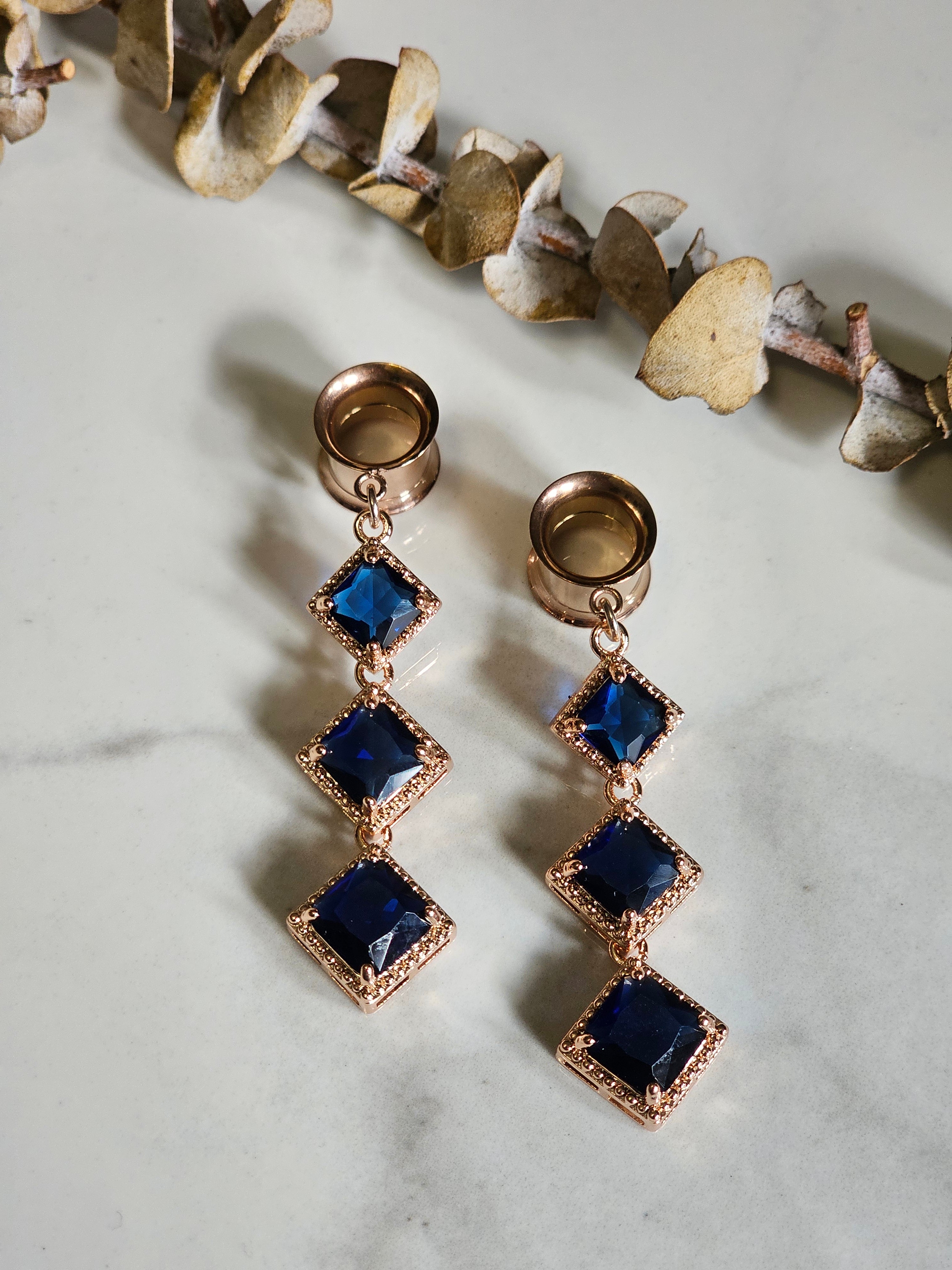 Rose Gold Dark blue dangle gauges