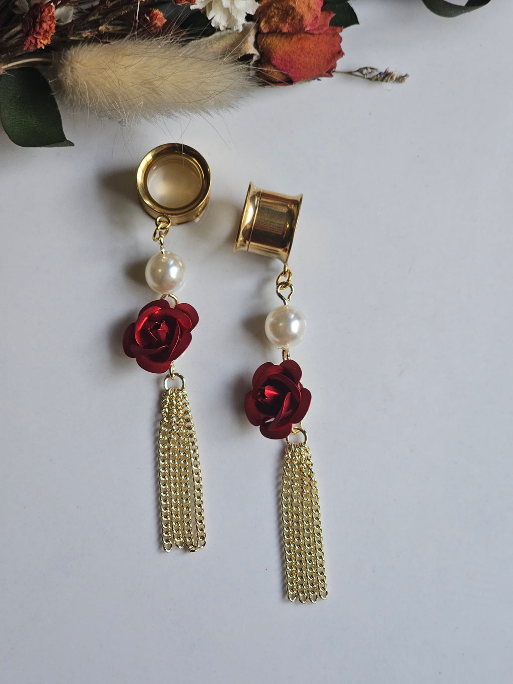 Red Rose and pearl dangle gauges