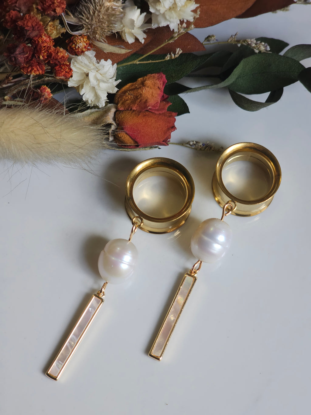Golden Freshwater pearl  dangle gauges