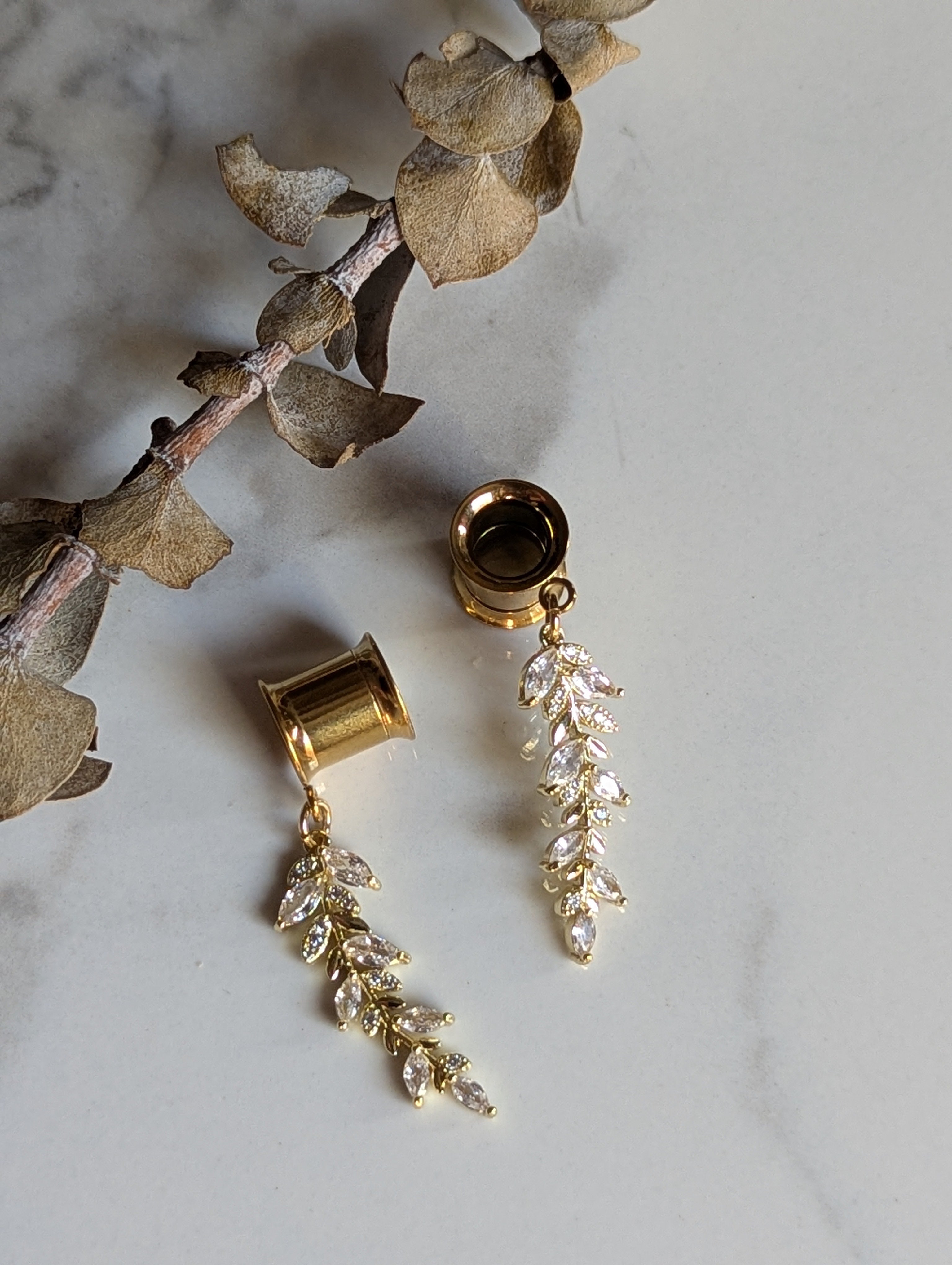 Gold Crystal leaf Dangle Gauges