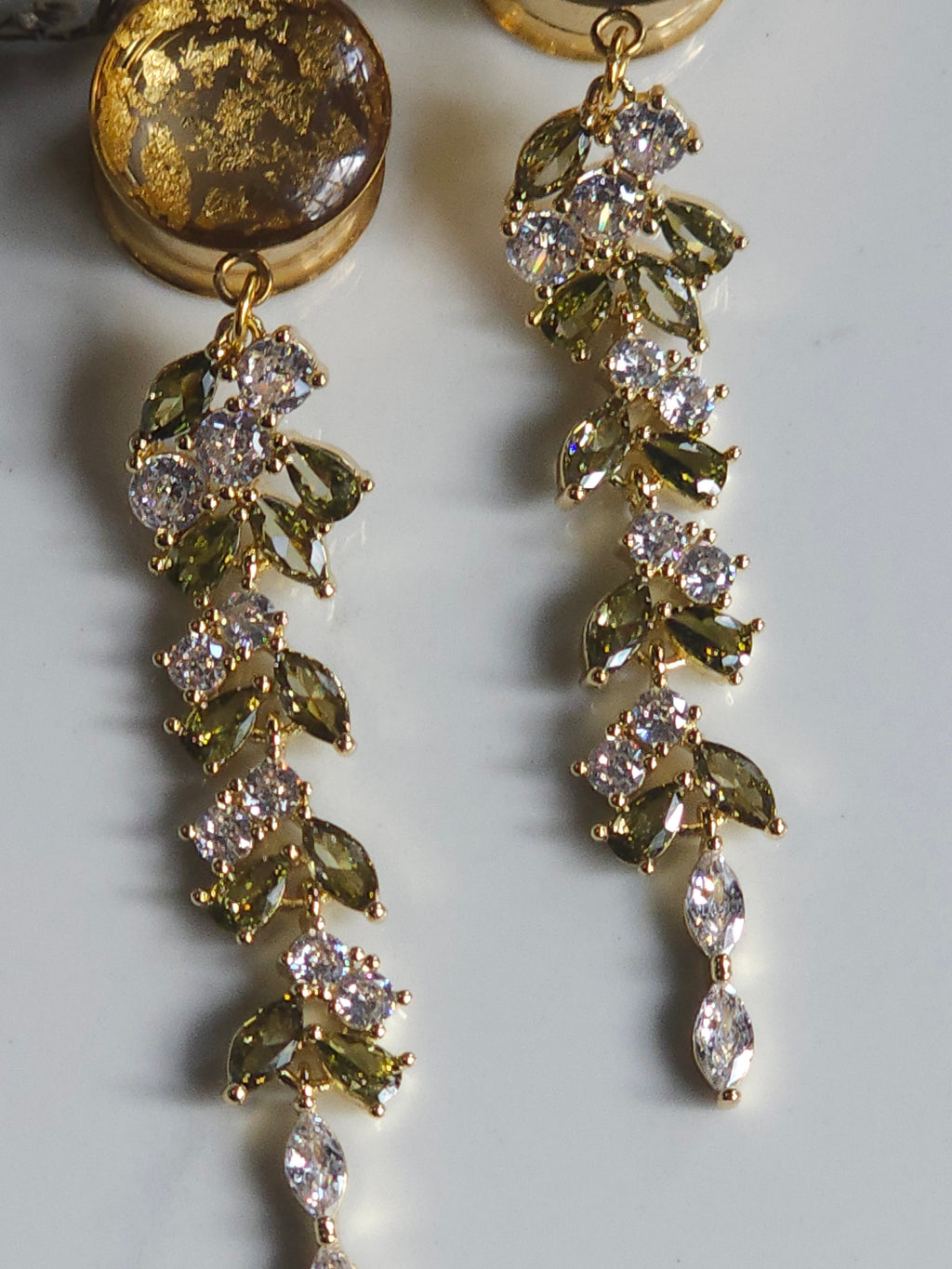 Beautiful Gold and Olive Crystal Bridal Dangle Gauges