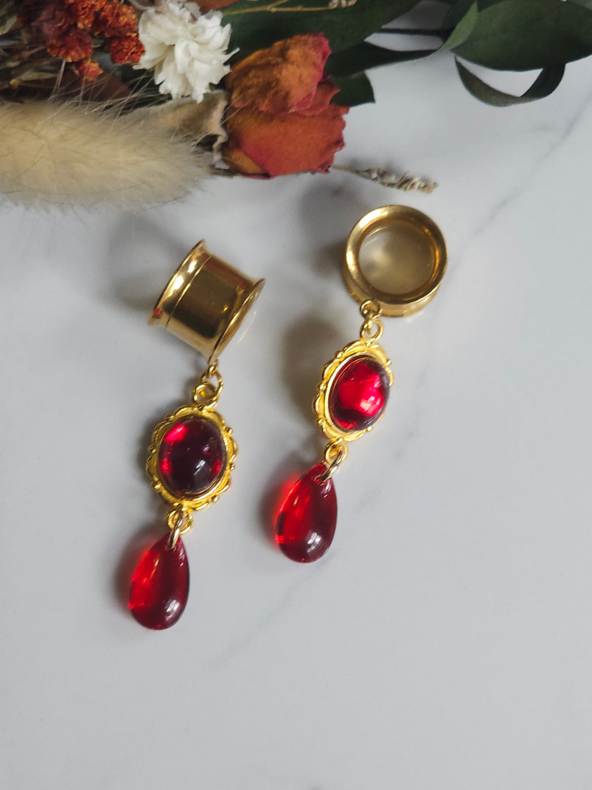 Red and Gold Gothic Dangle Gauges