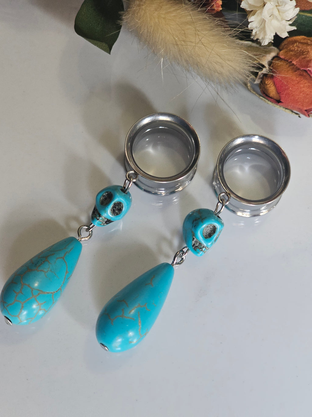 Skull Turquoise drop dangle gauges