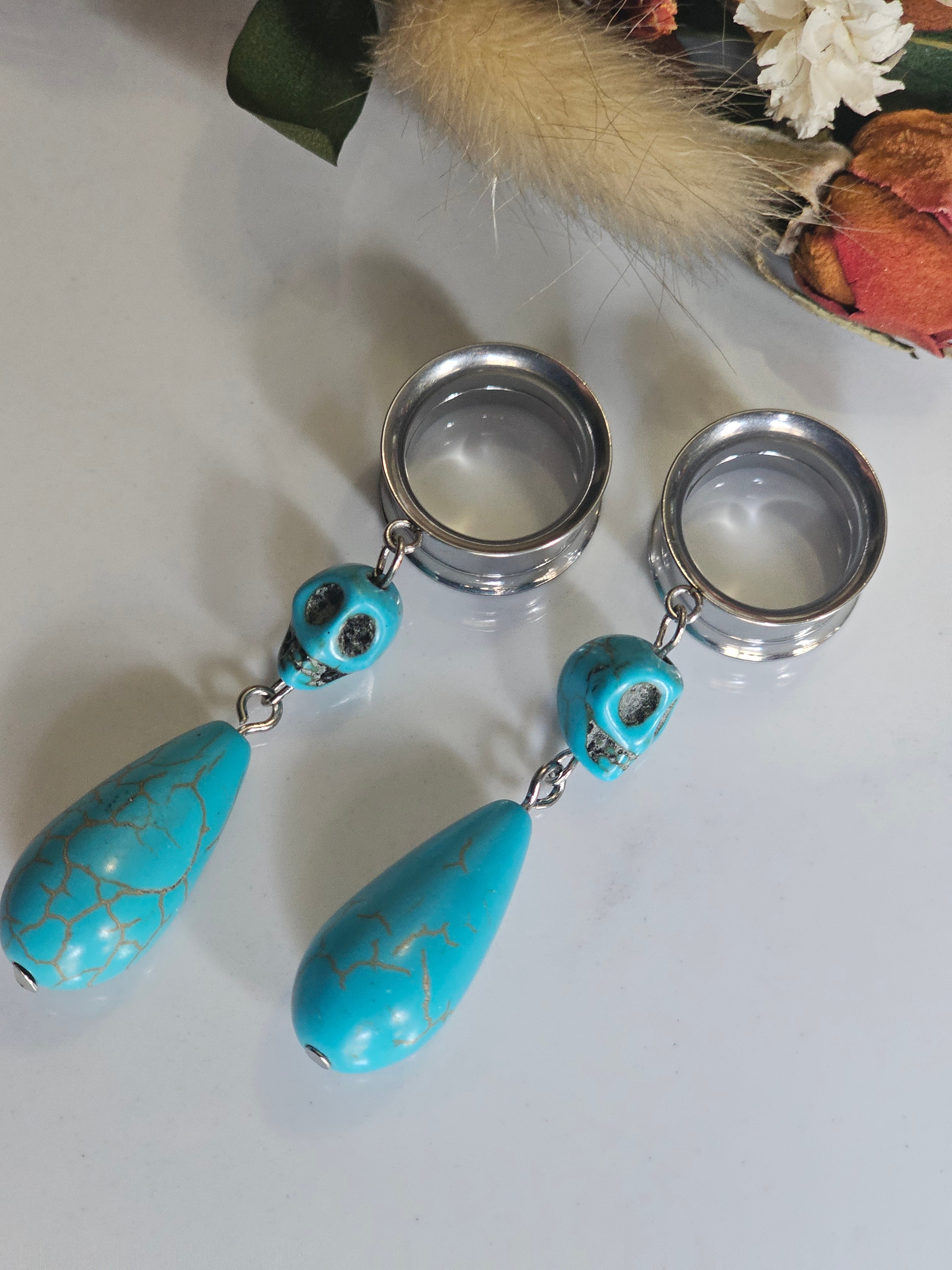 Skull Turquoise drop dangle gauges