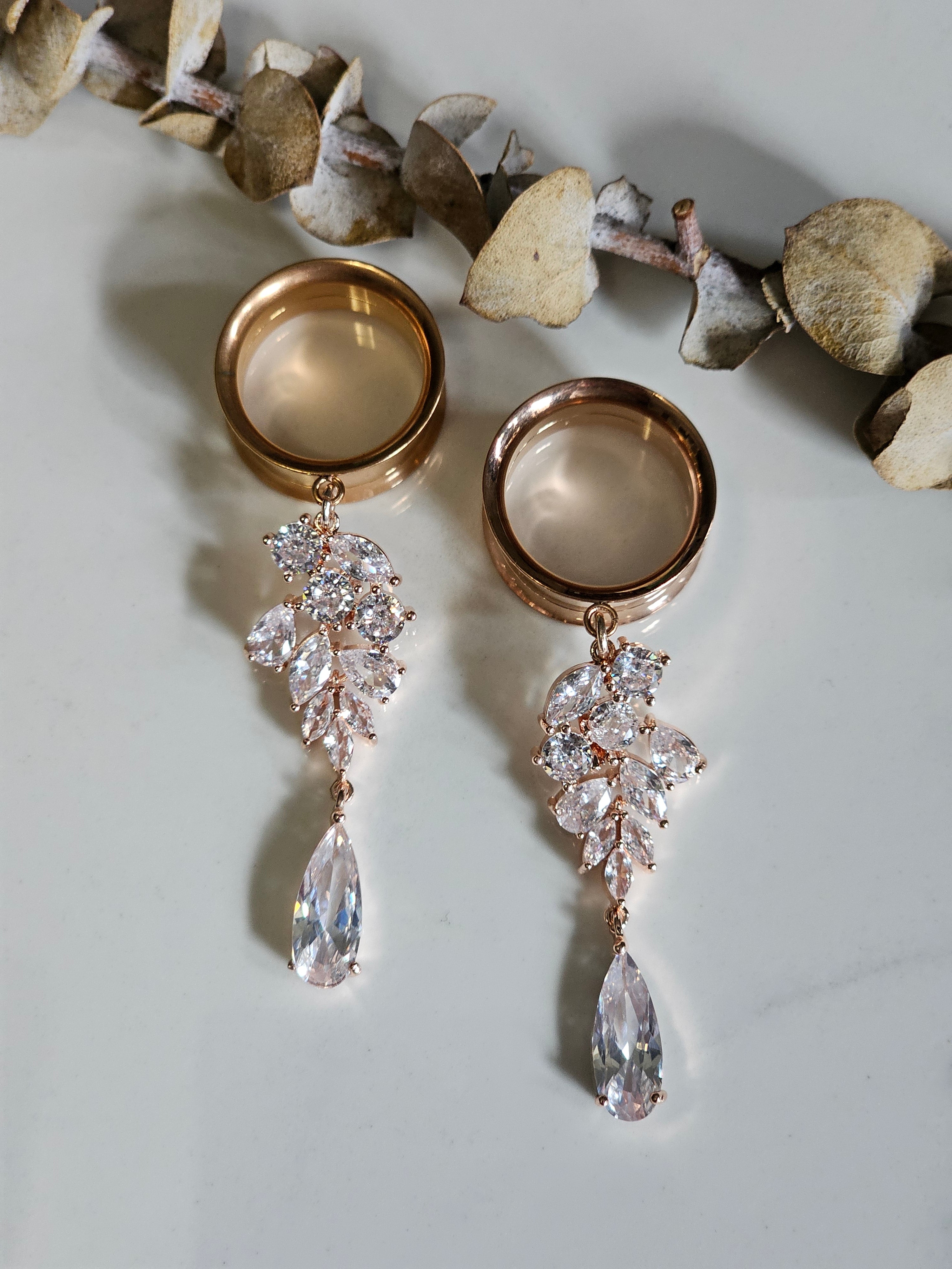 Rose Gold Crystal drop dangle gauges