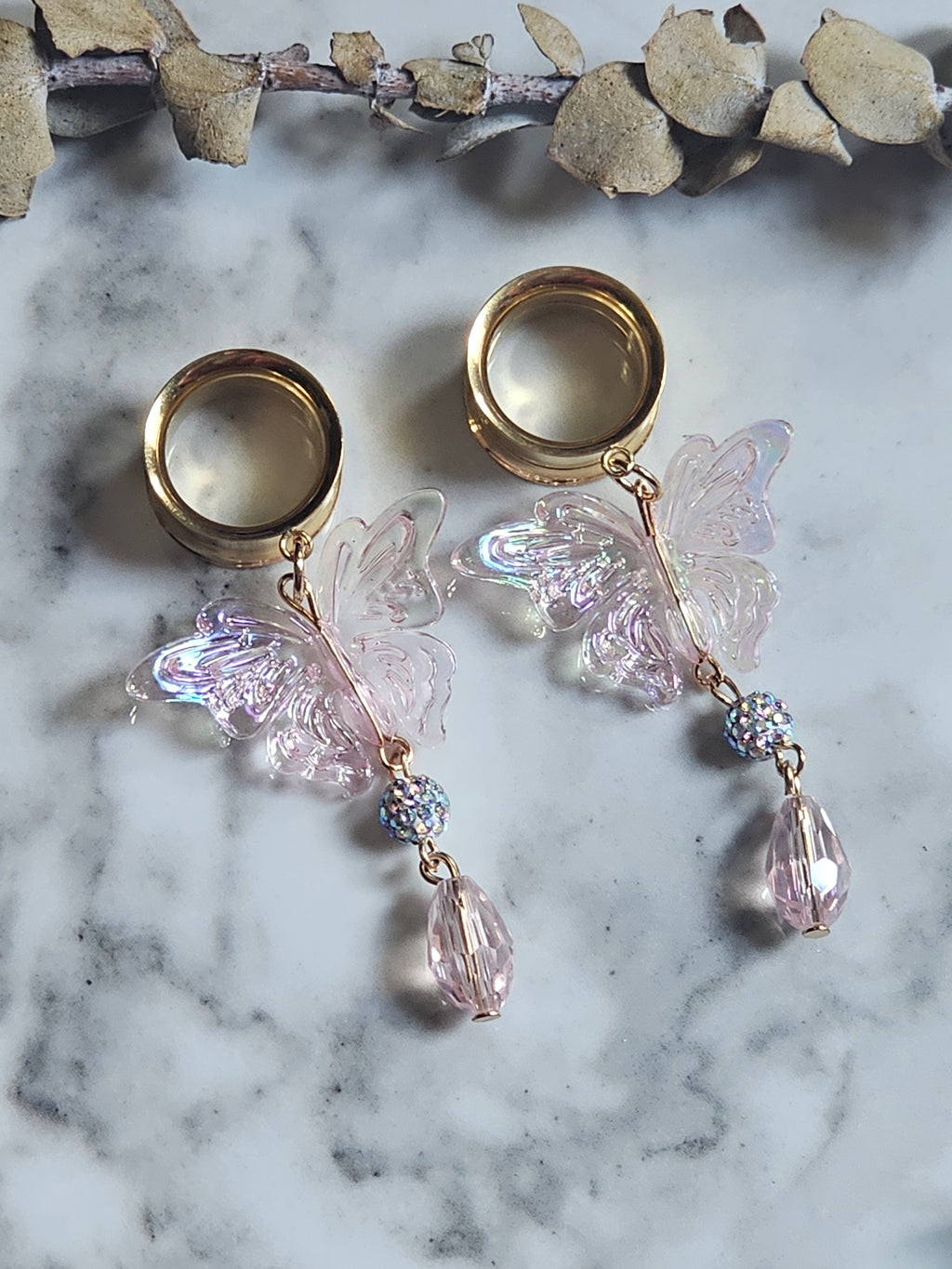 Pink butterfly dangle gauges