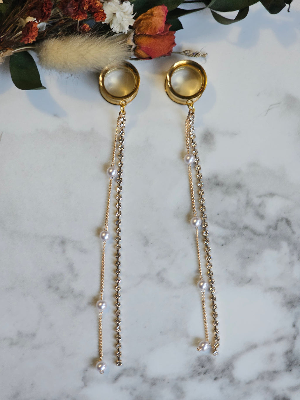 Long pearl tassel dangle gauges