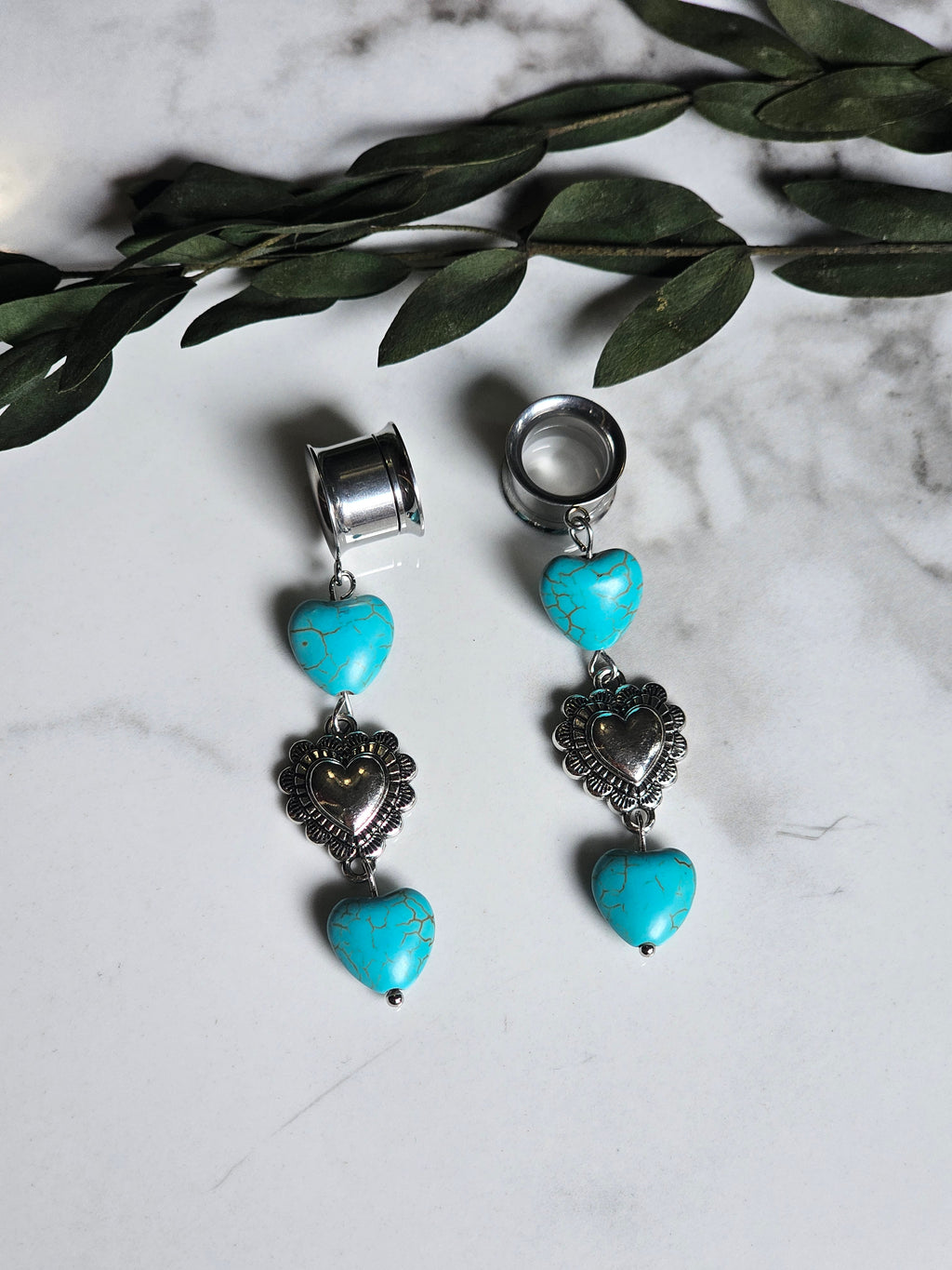 Turquoise heart dangle gauges