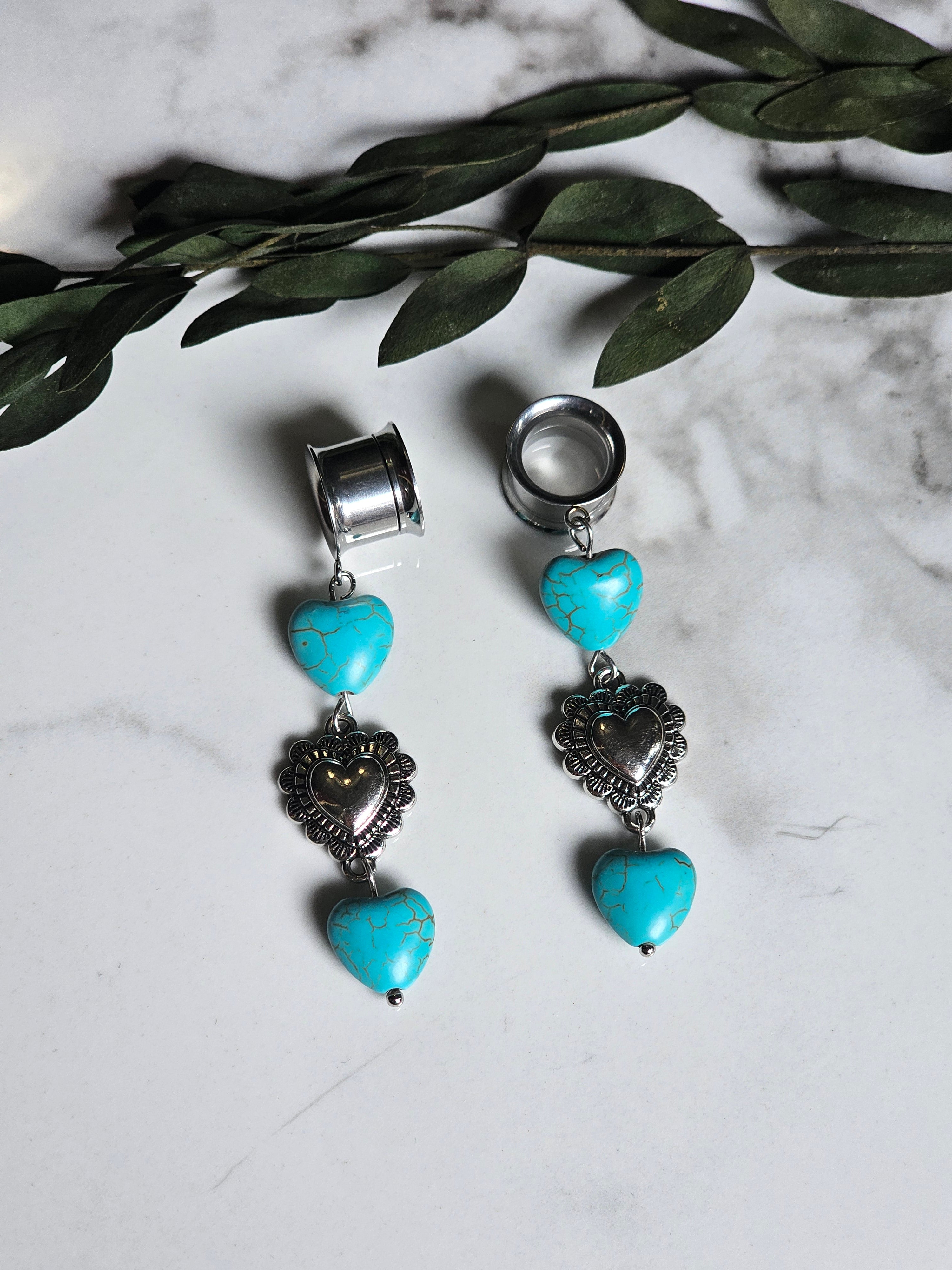 Turquoise heart dangle gauges