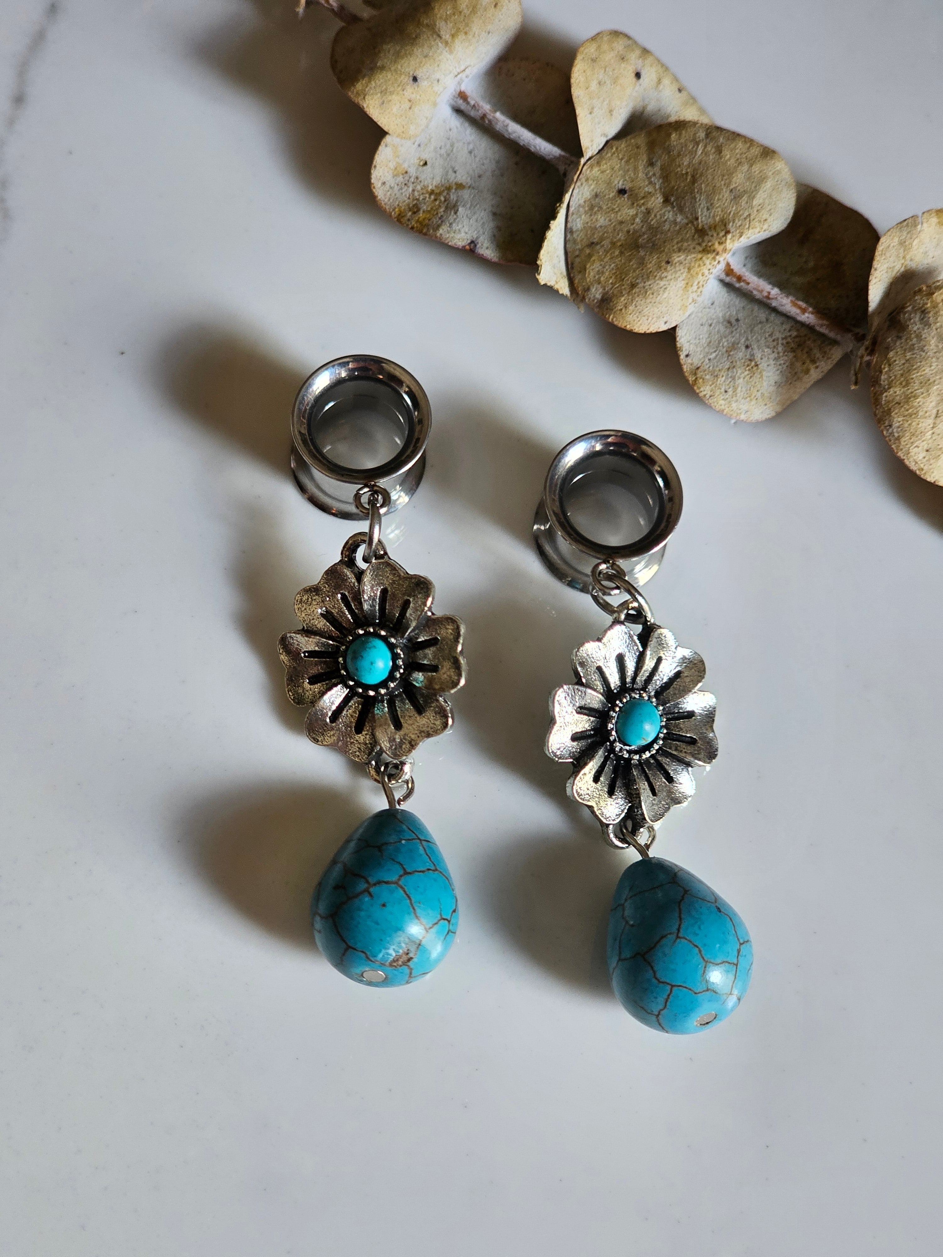 Floral Turquoise drop dangle gauges