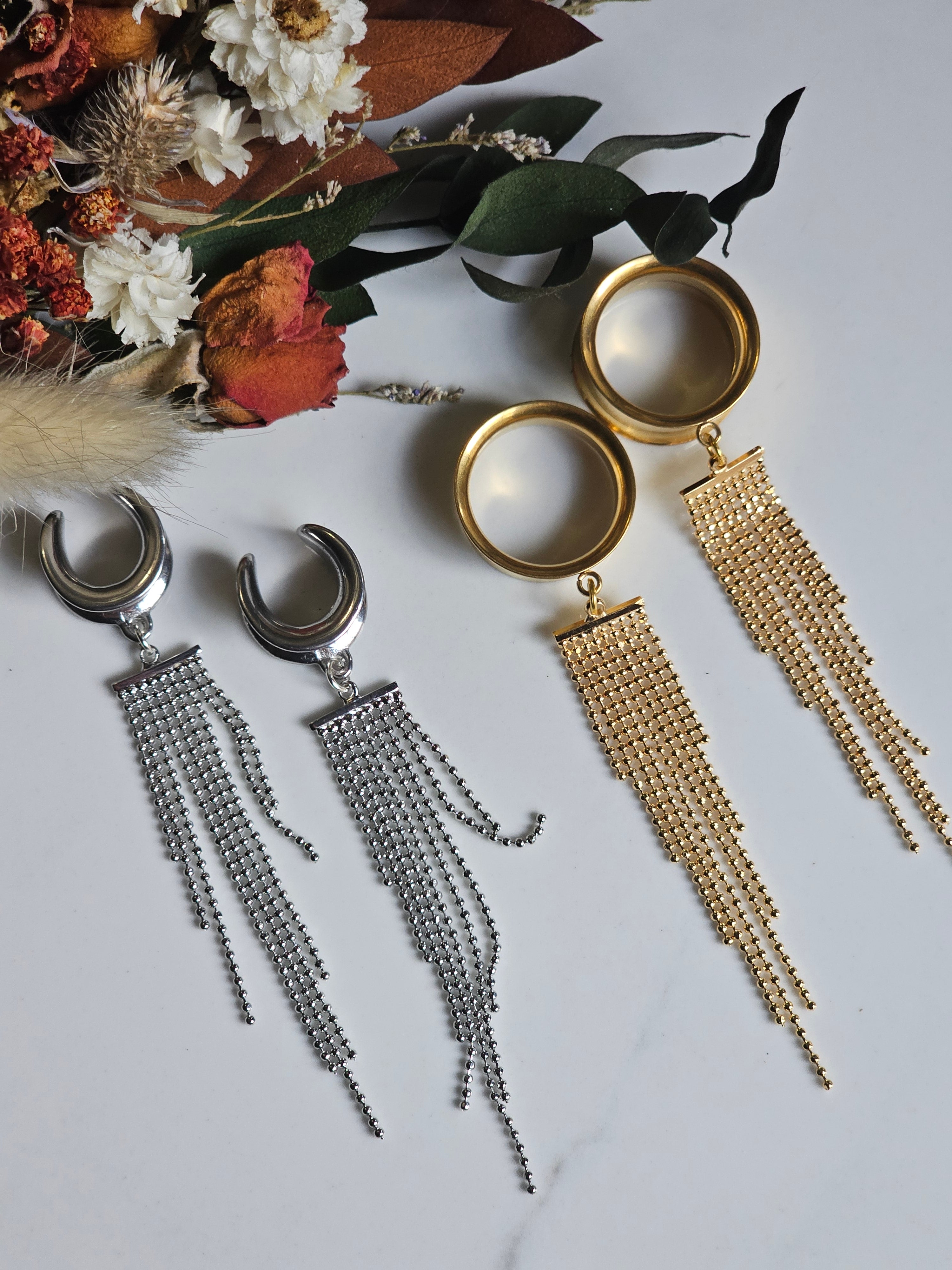 Silver tassel dangle gauges