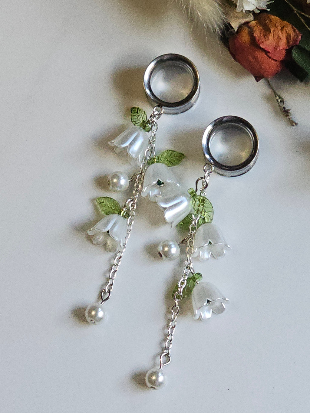 Silver lily of the Valley dangle gauges