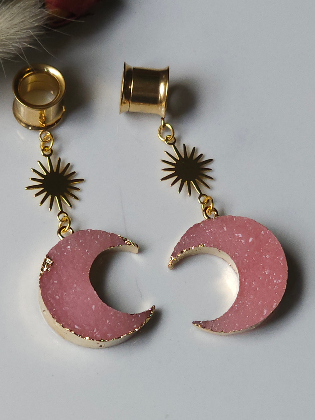 Pink Crescent dangle gauges