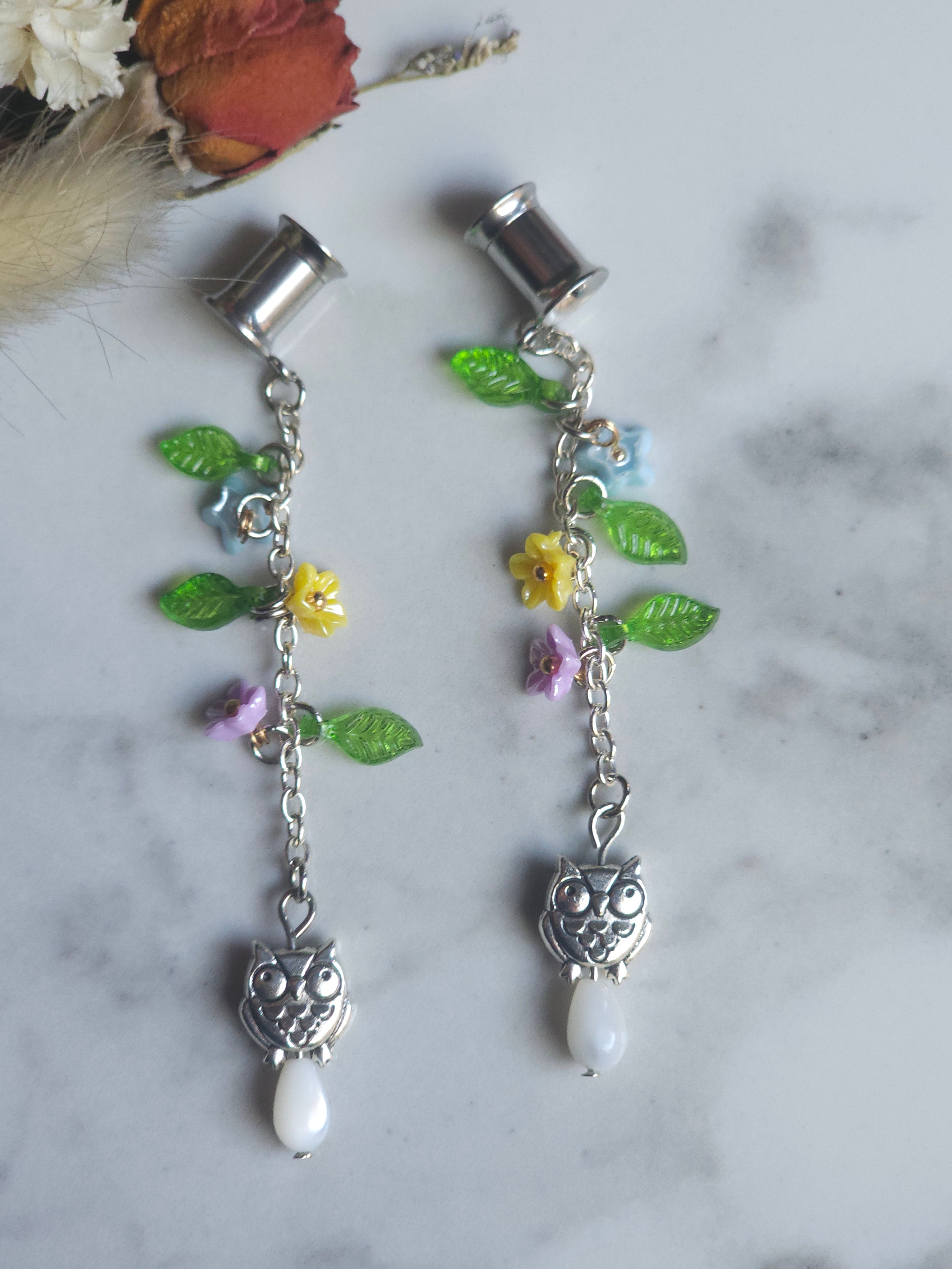 Floral owl dangle plugs dangle gauges