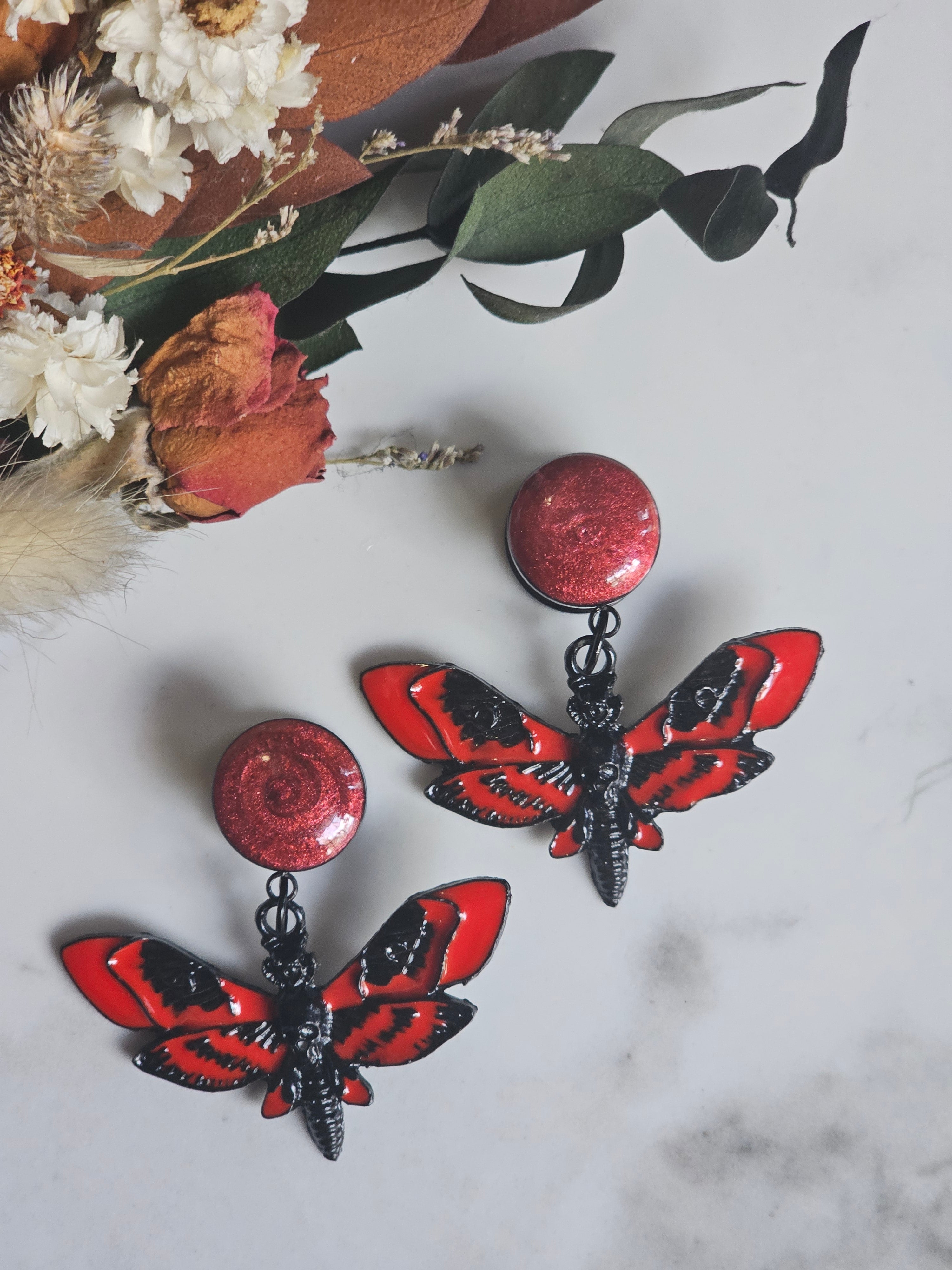 Black and Red death moth dangles gauges