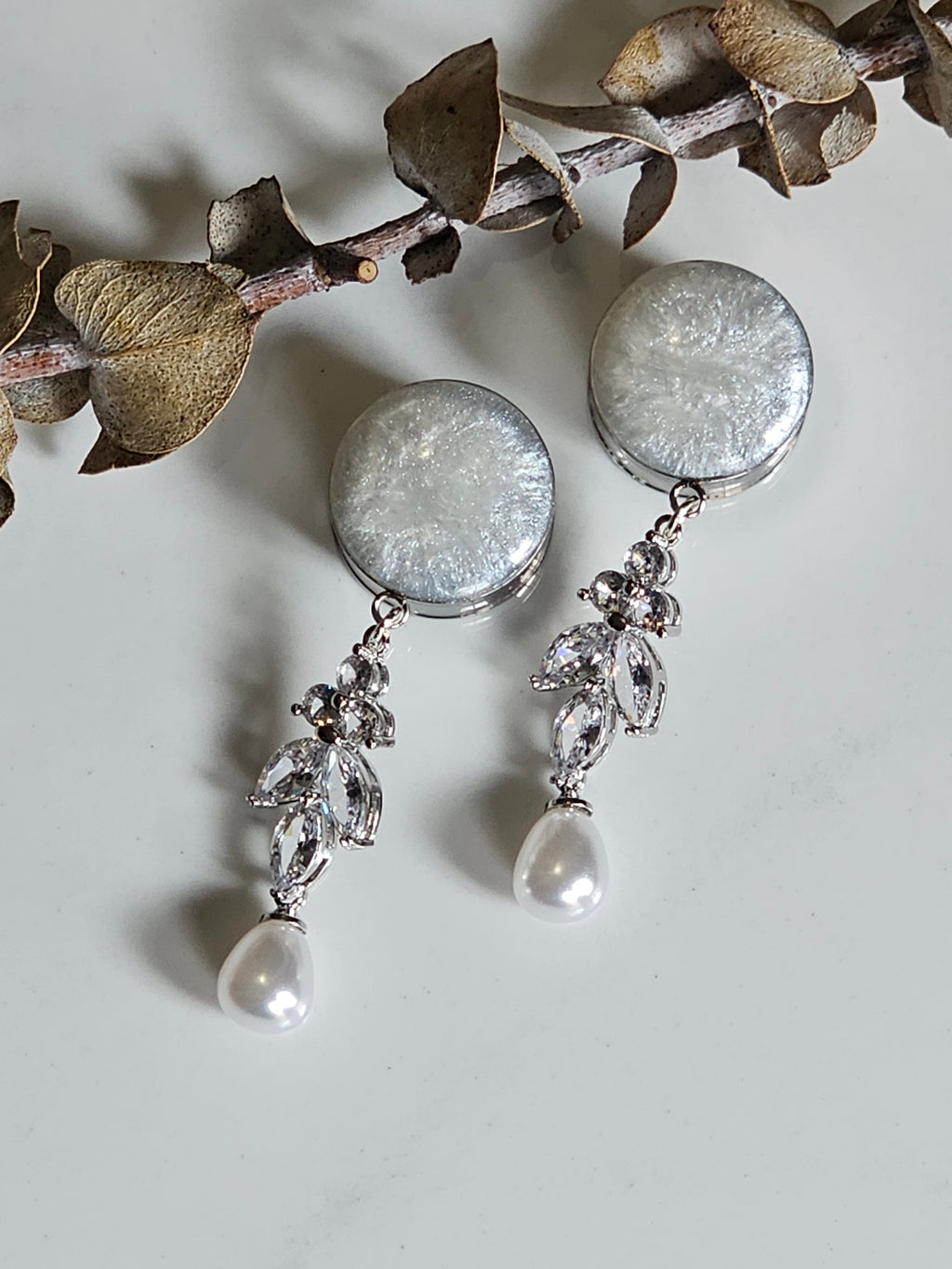 Silver Faux pearl Bridal Dangle Gauges
