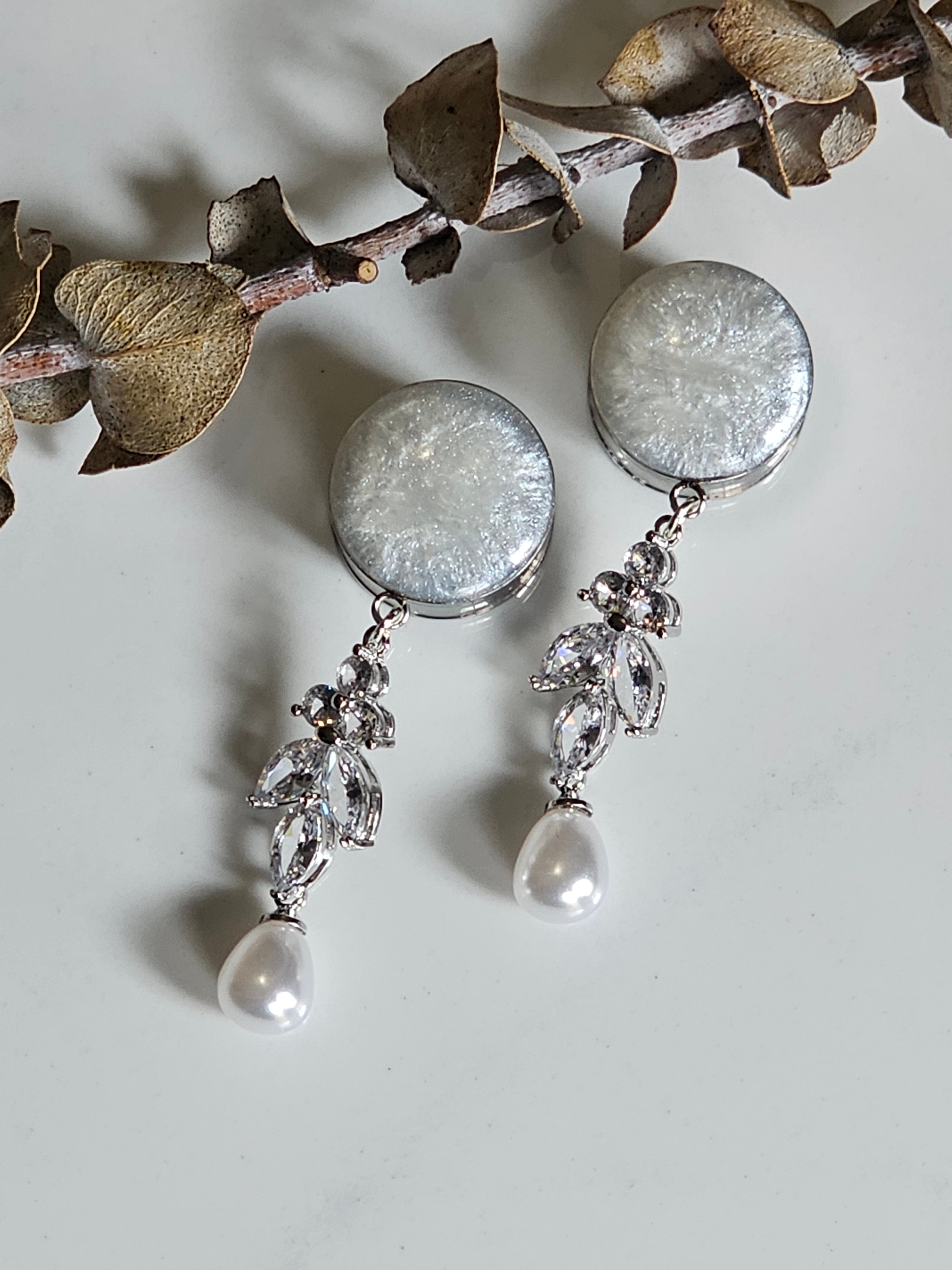 Silver Faux pearl Bridal Dangle Gauges