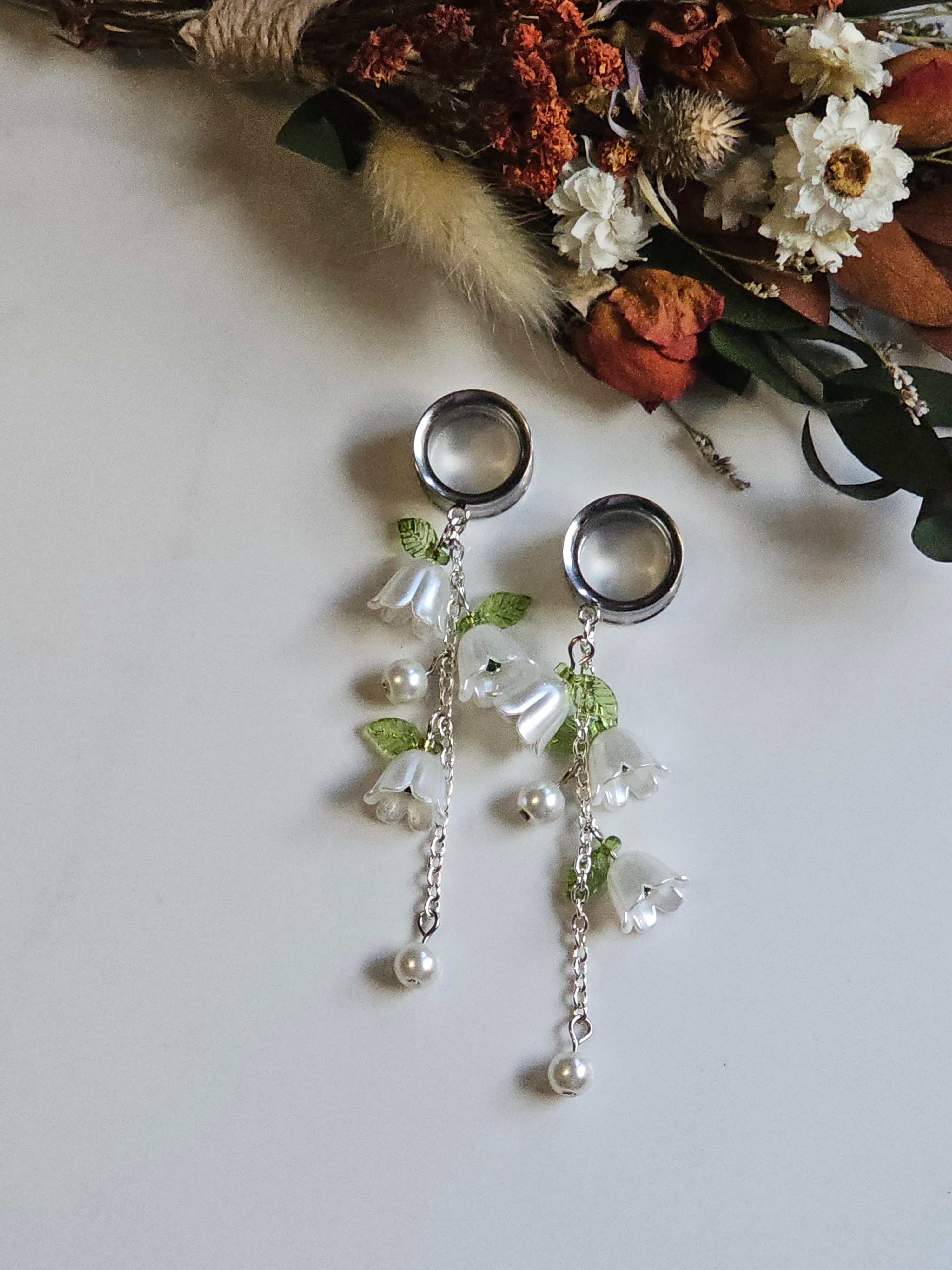 Silver lily of the Valley dangle gauges