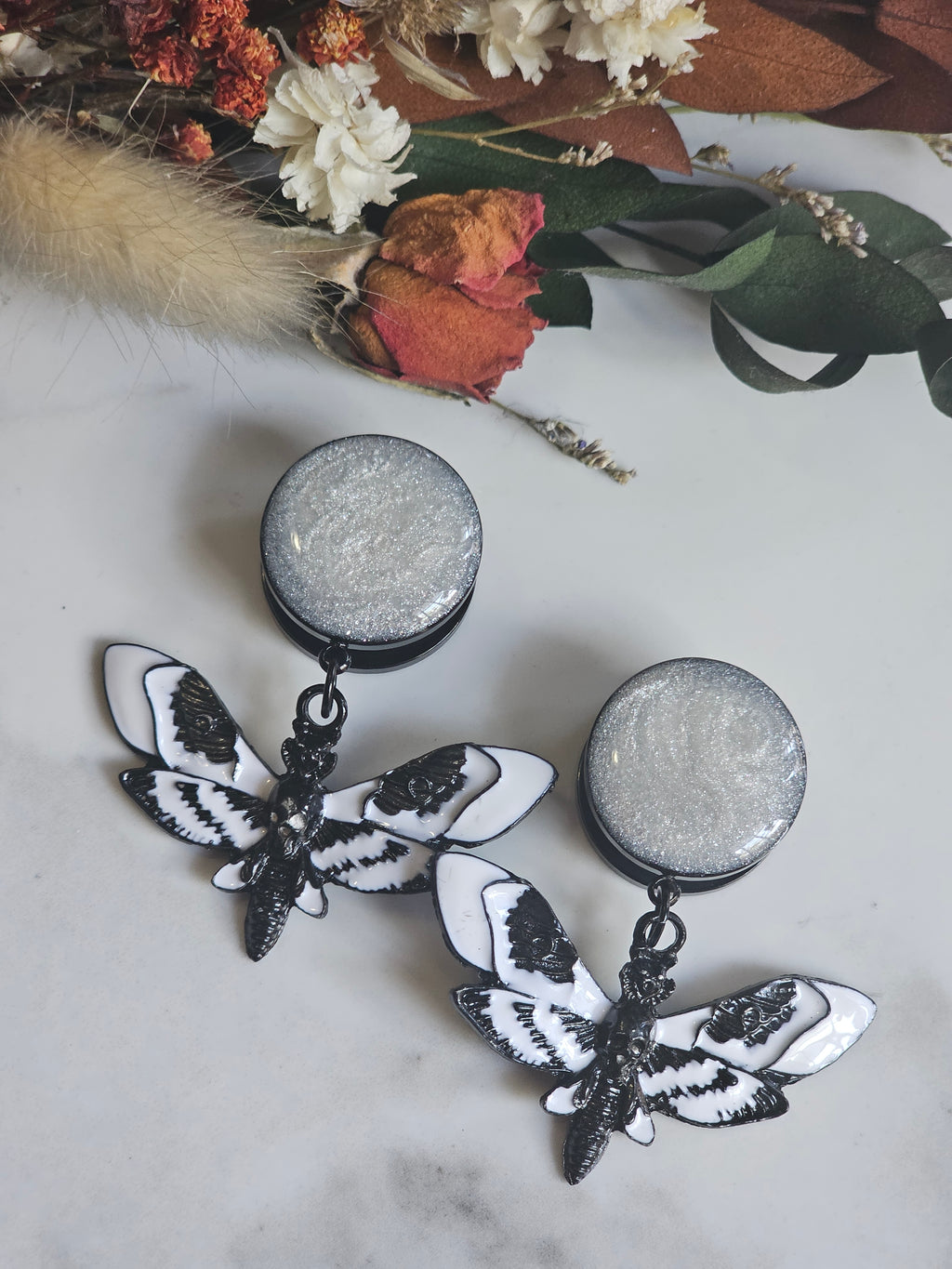 Black and white death moth dangles gauges dangles plugs