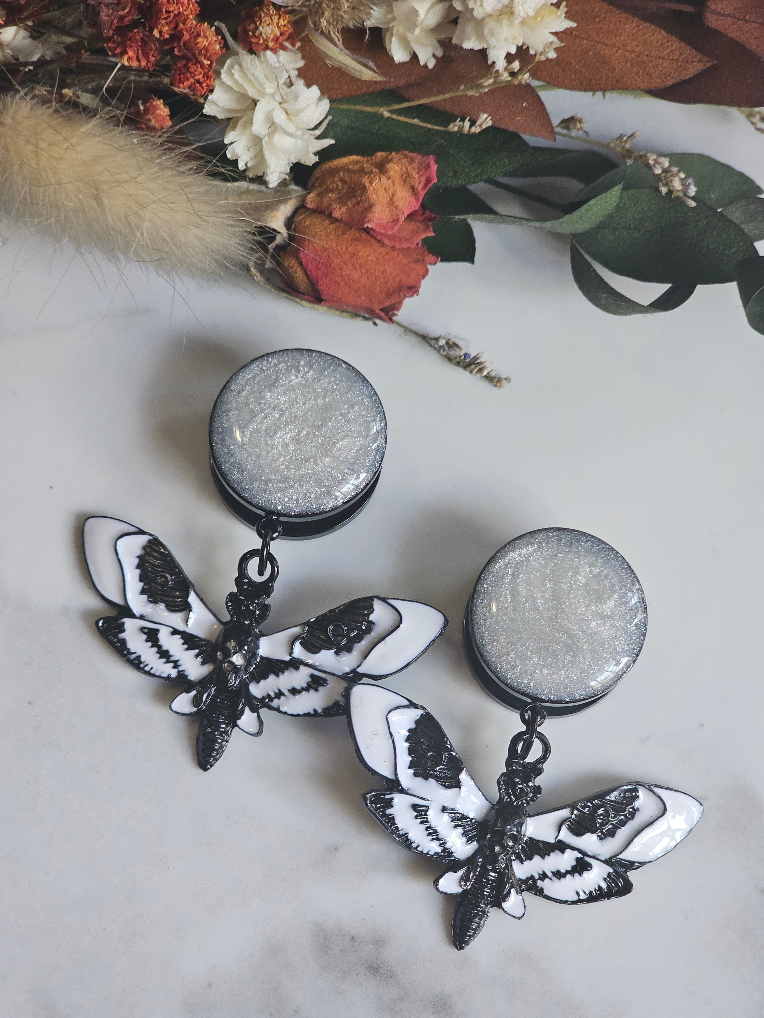 Black and white death moth dangles gauges dangles plugs